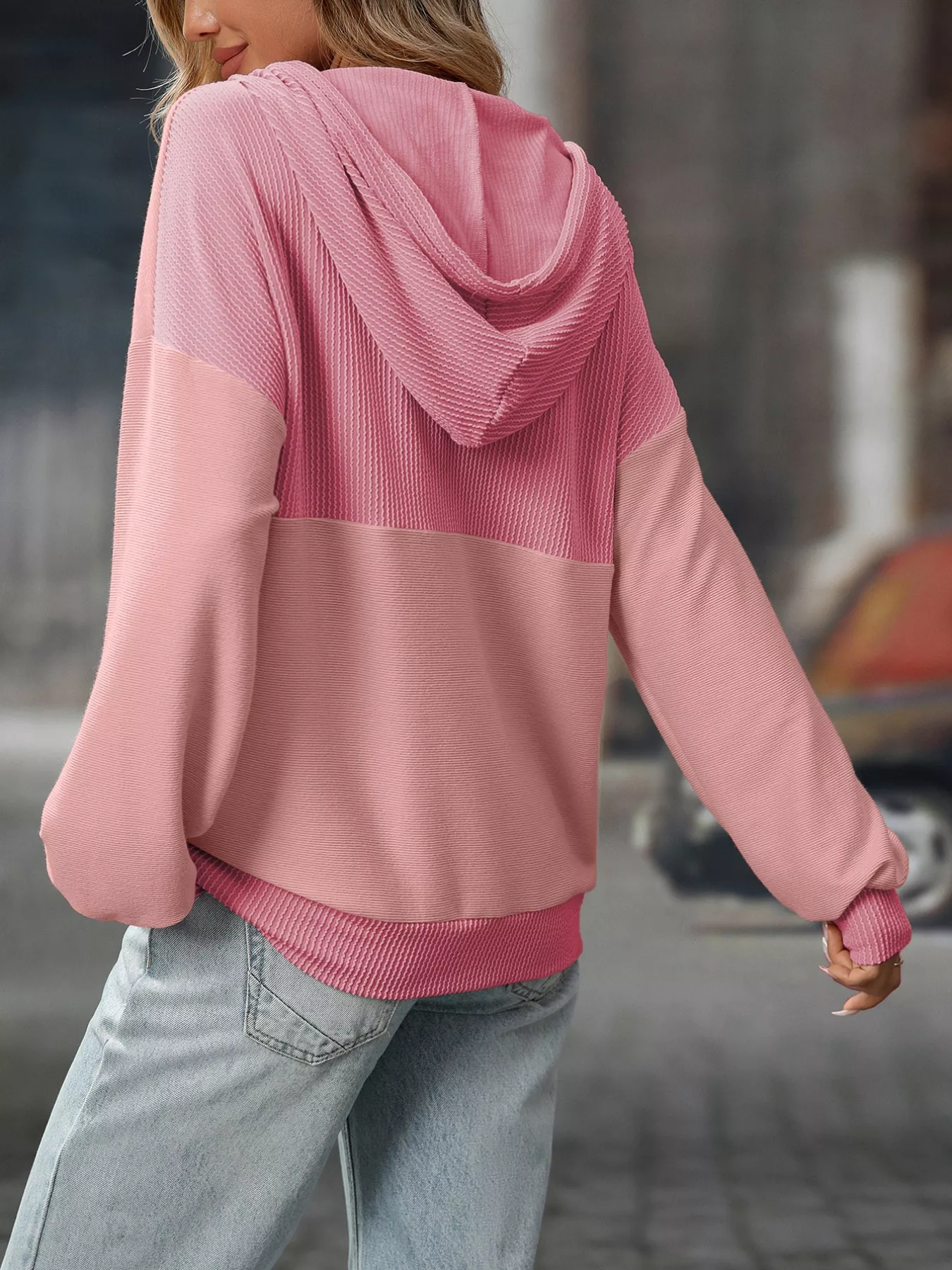 Casual Color Block Button Detail Hoodie - Image 10