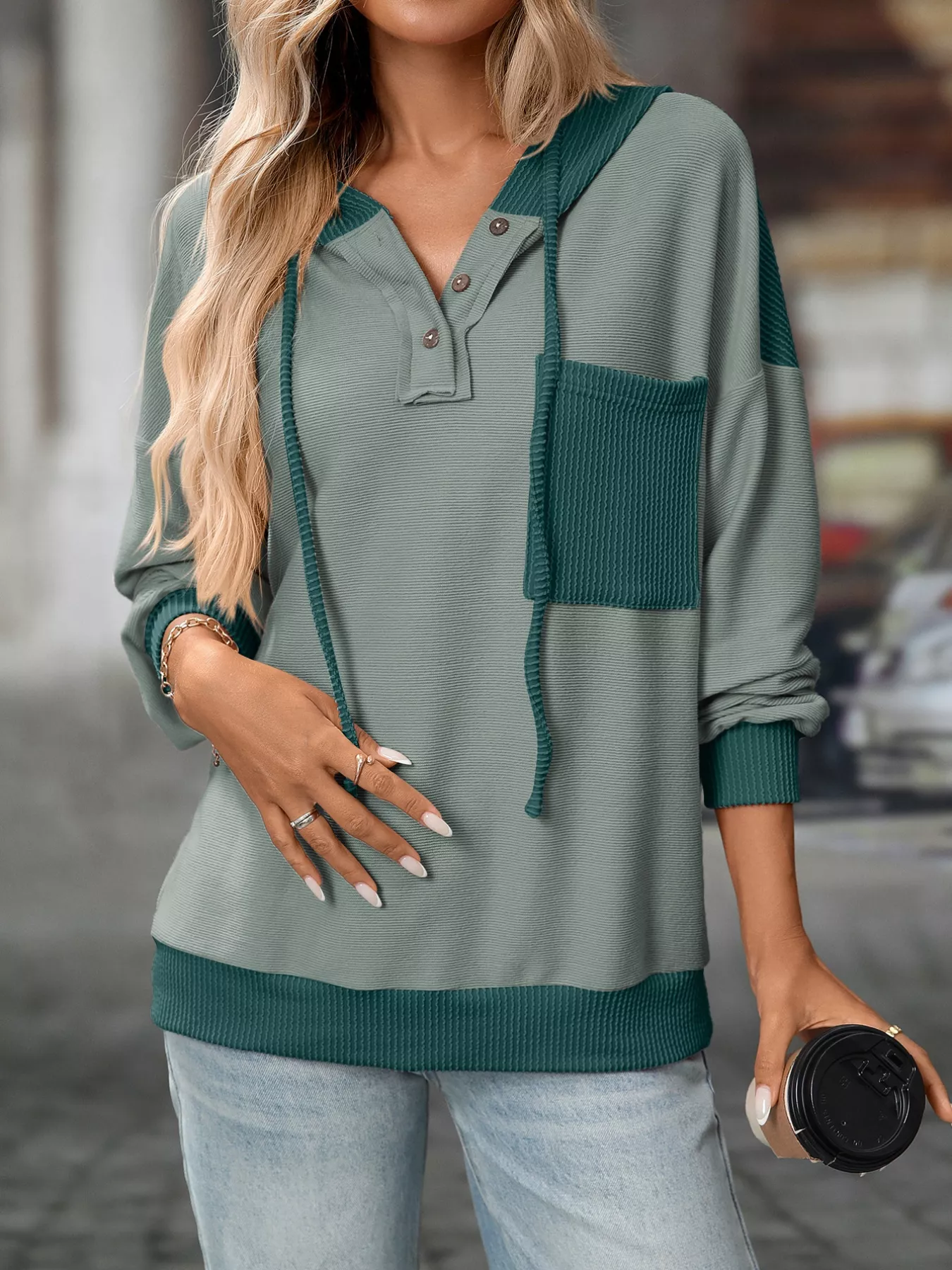 Casual Color Block Button Detail Hoodie - Image 11