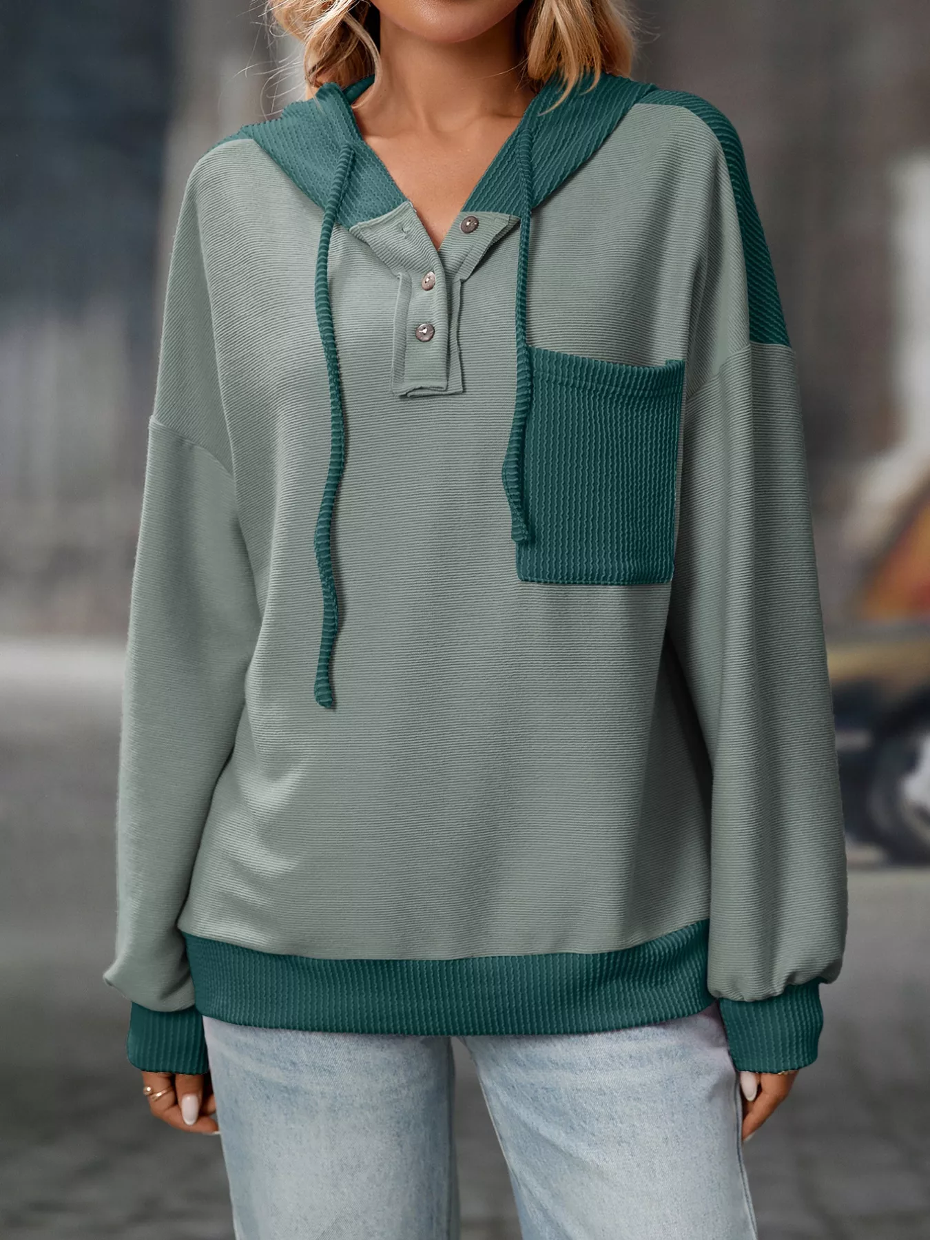 Casual Color Block Button Detail Hoodie - Image 12