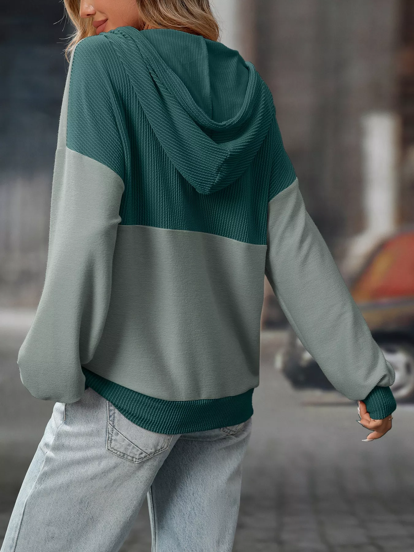 Casual Color Block Button Detail Hoodie - Image 14