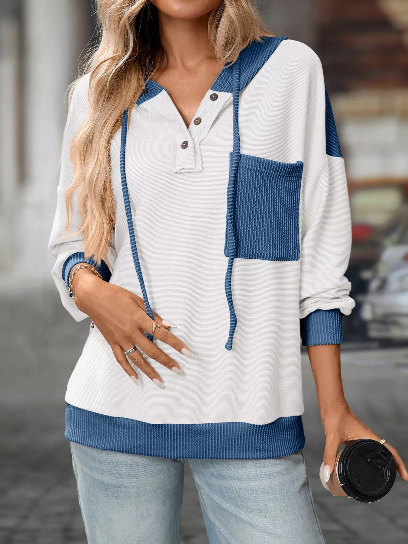 Casual Color Block Button Detail Hoodie - Image 16