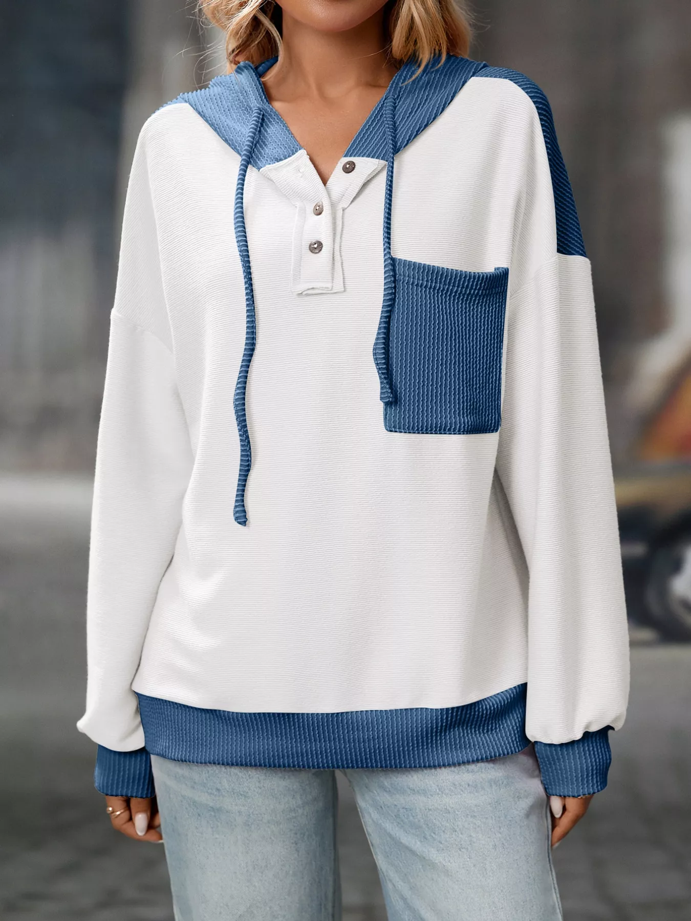 Casual Color Block Button Detail Hoodie - Image 17