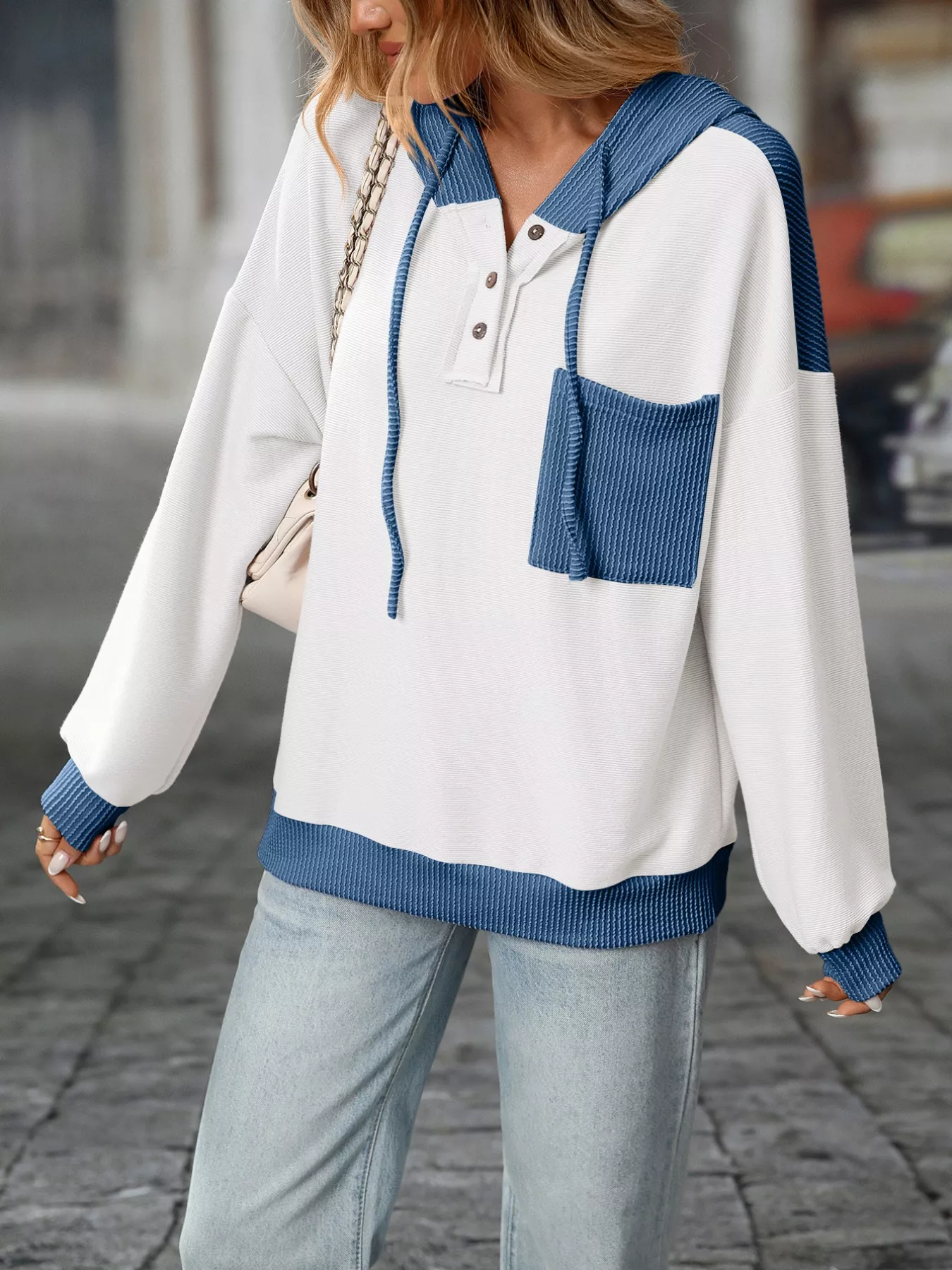 Casual Color Block Button Detail Hoodie - Image 18