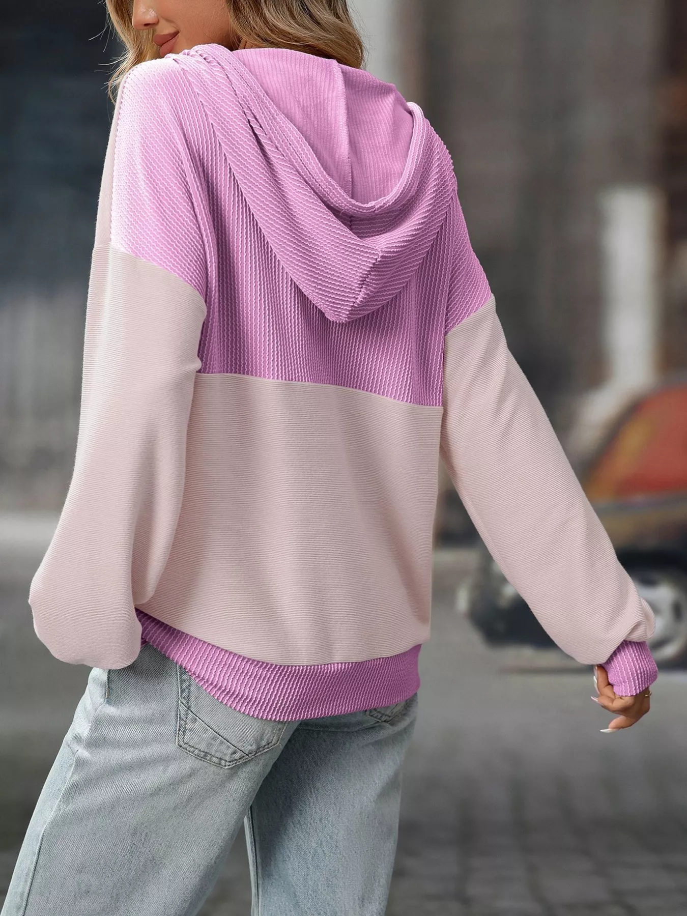 Casual Color Block Button Detail Hoodie - Image 5