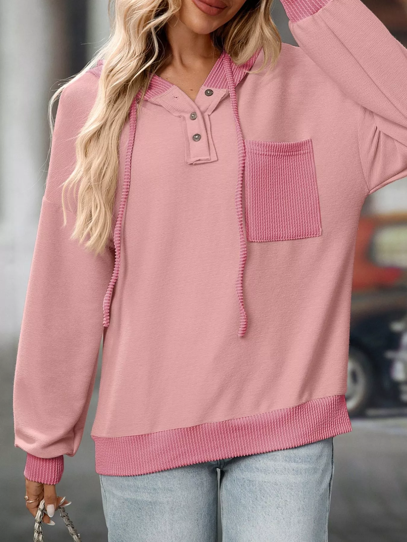 Casual Color Block Button Detail Hoodie - Image 9