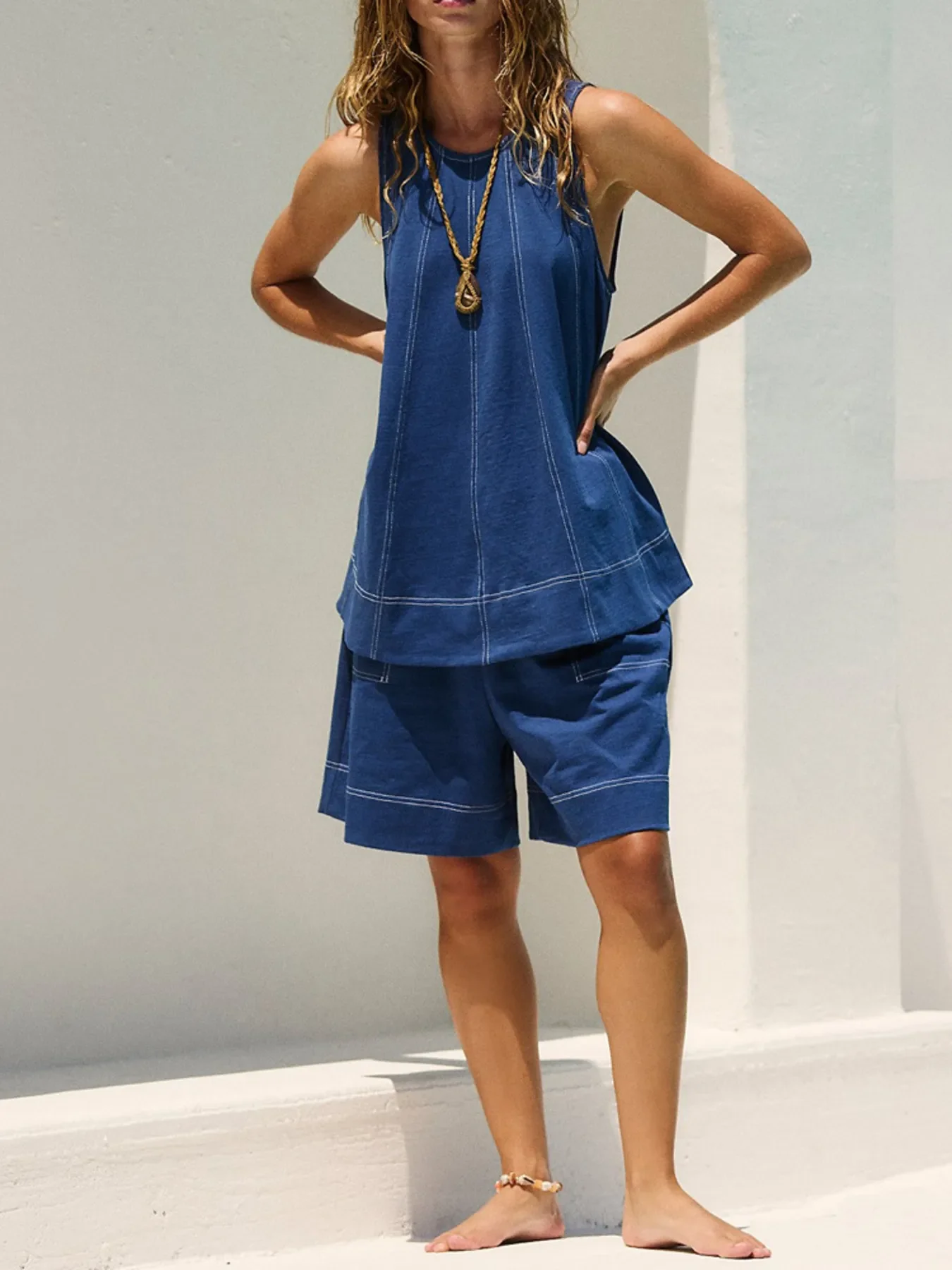 Casual Contrast Stitch Denim Tank Top and Shorts Set - Image 7