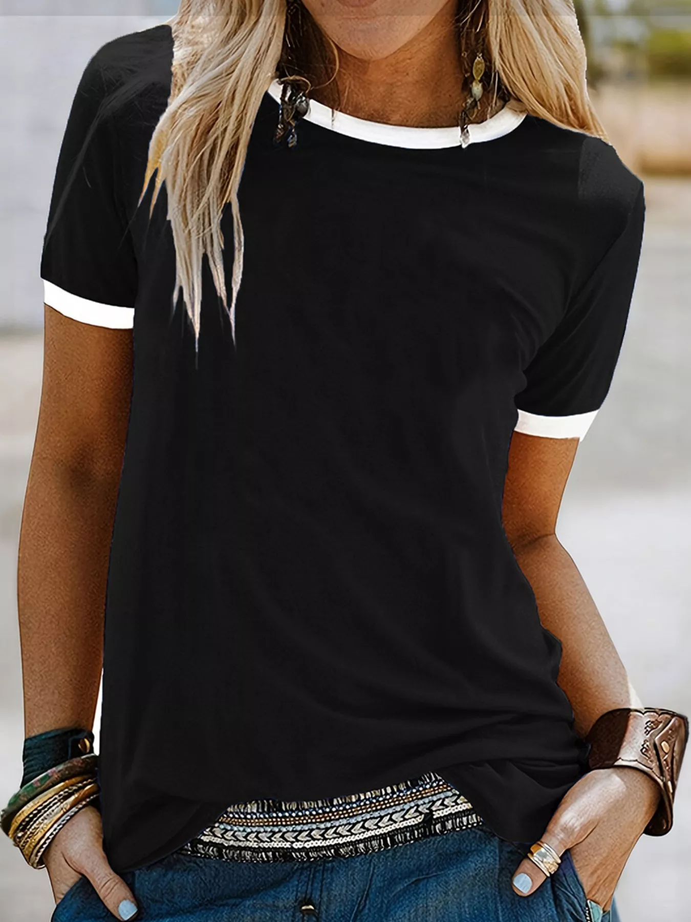 Casual Contrast Trim Short Sleeve T-Shirt - Image 7