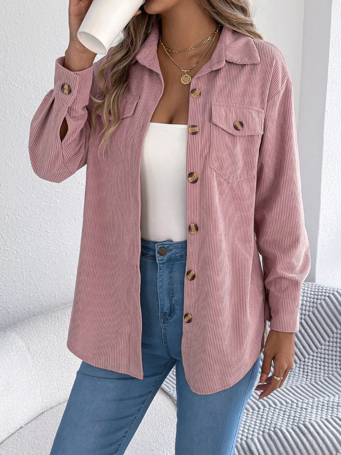 Casual Corduroy Button-Up Shacket - Image 10
