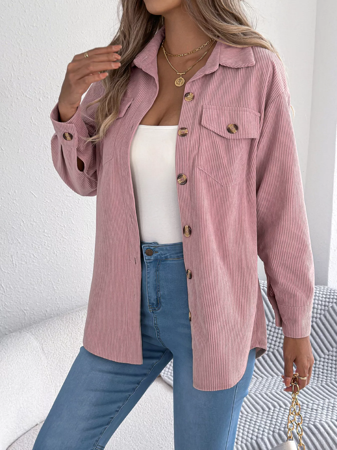 Casual Corduroy Button-Up Shacket - Image 11