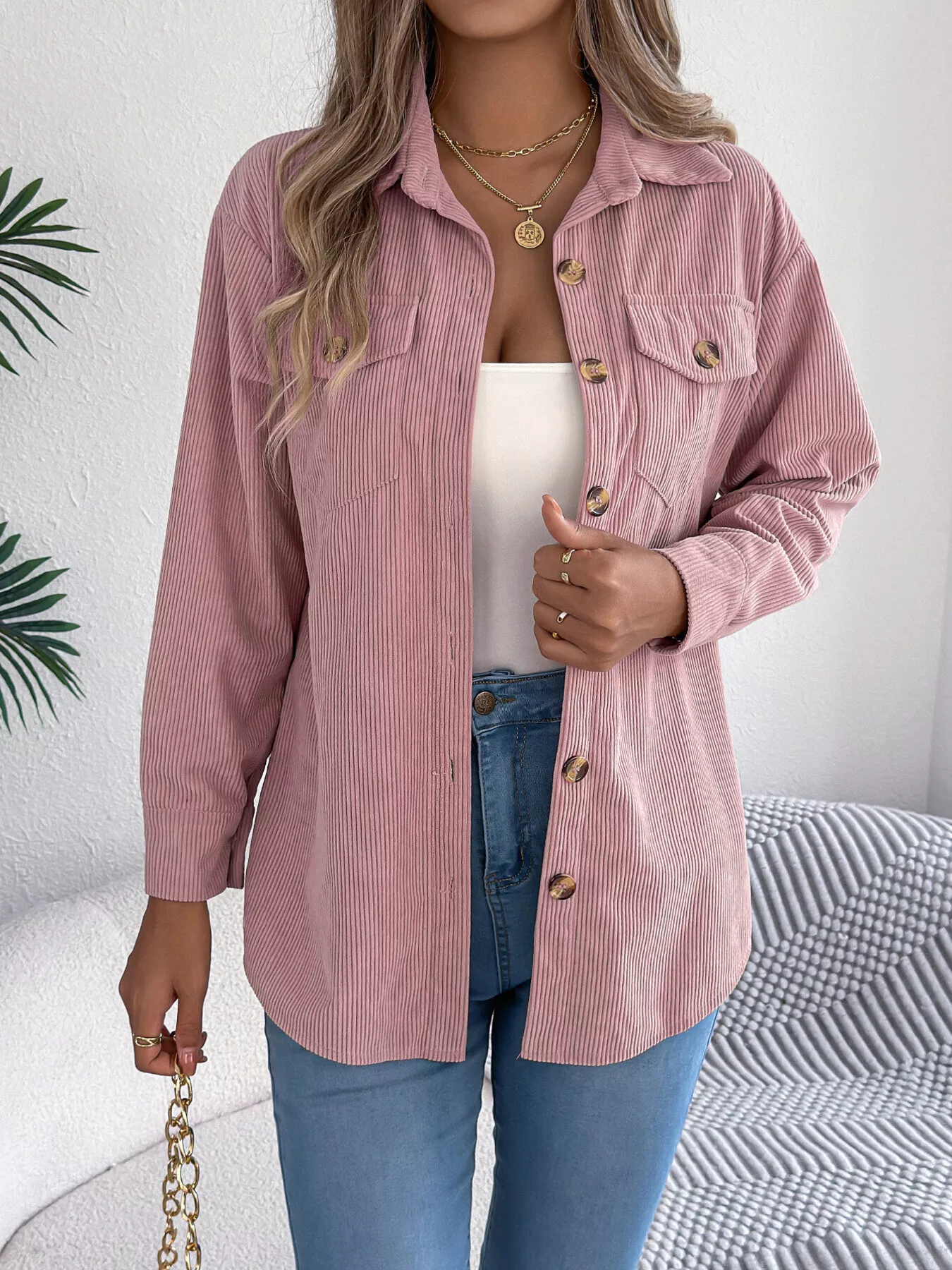 Casual Corduroy Button-Up Shacket - Image 12
