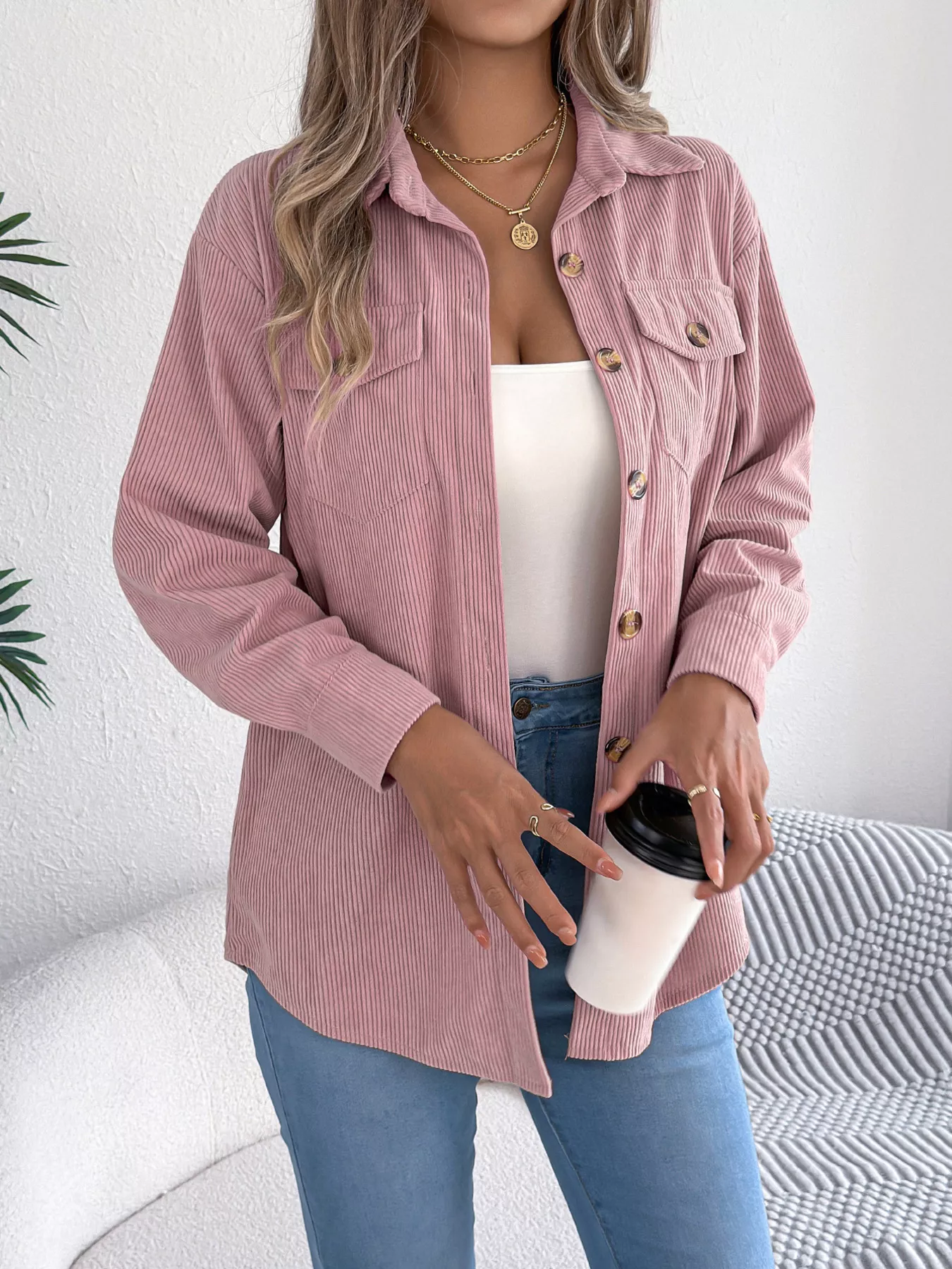 Casual Corduroy Button-Up Shacket - Image 13