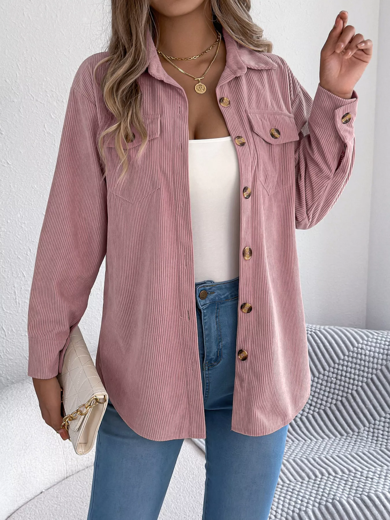 Casual Corduroy Button-Up Shacket - Image 14