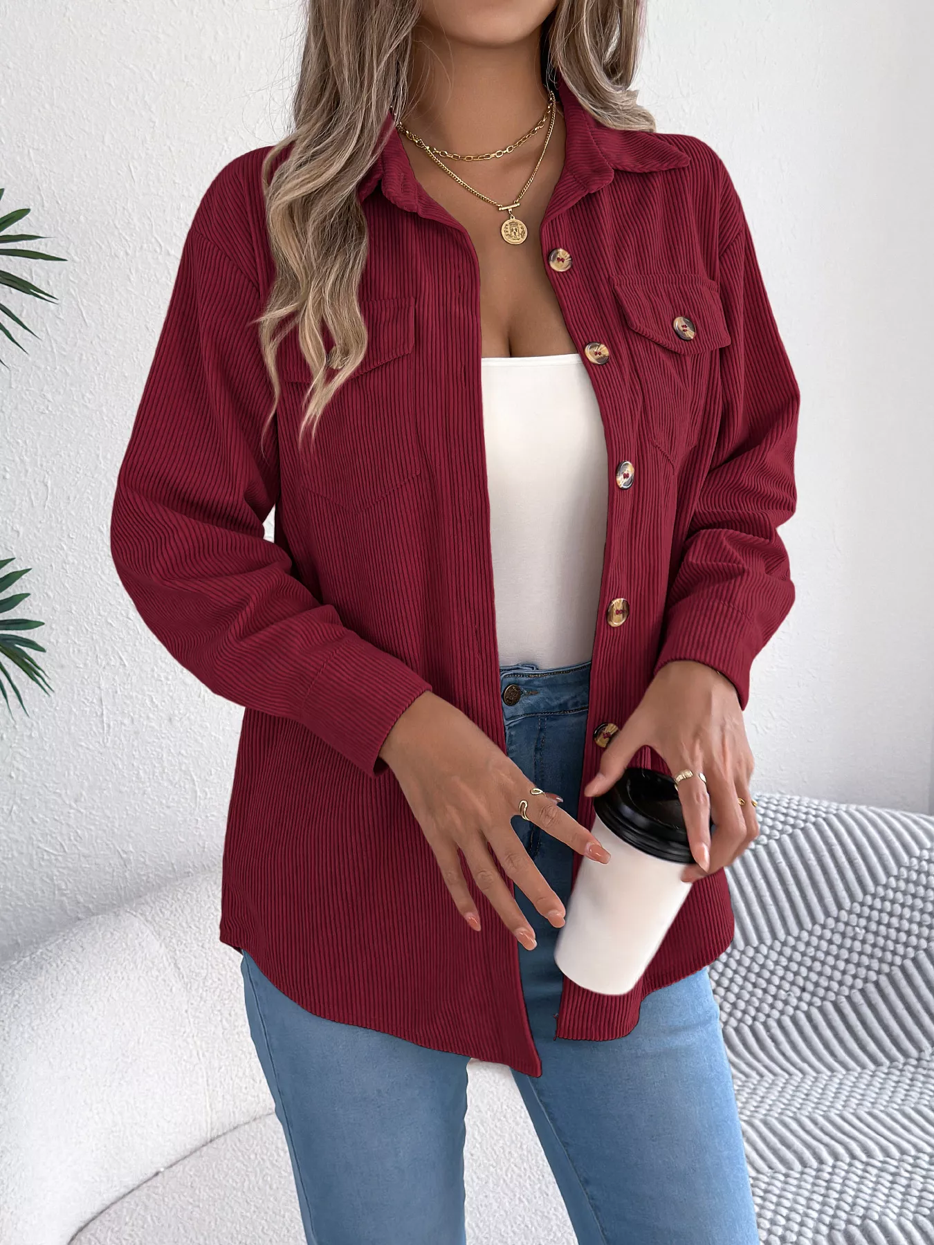 Casual Corduroy Button-Up Shacket - Image 16