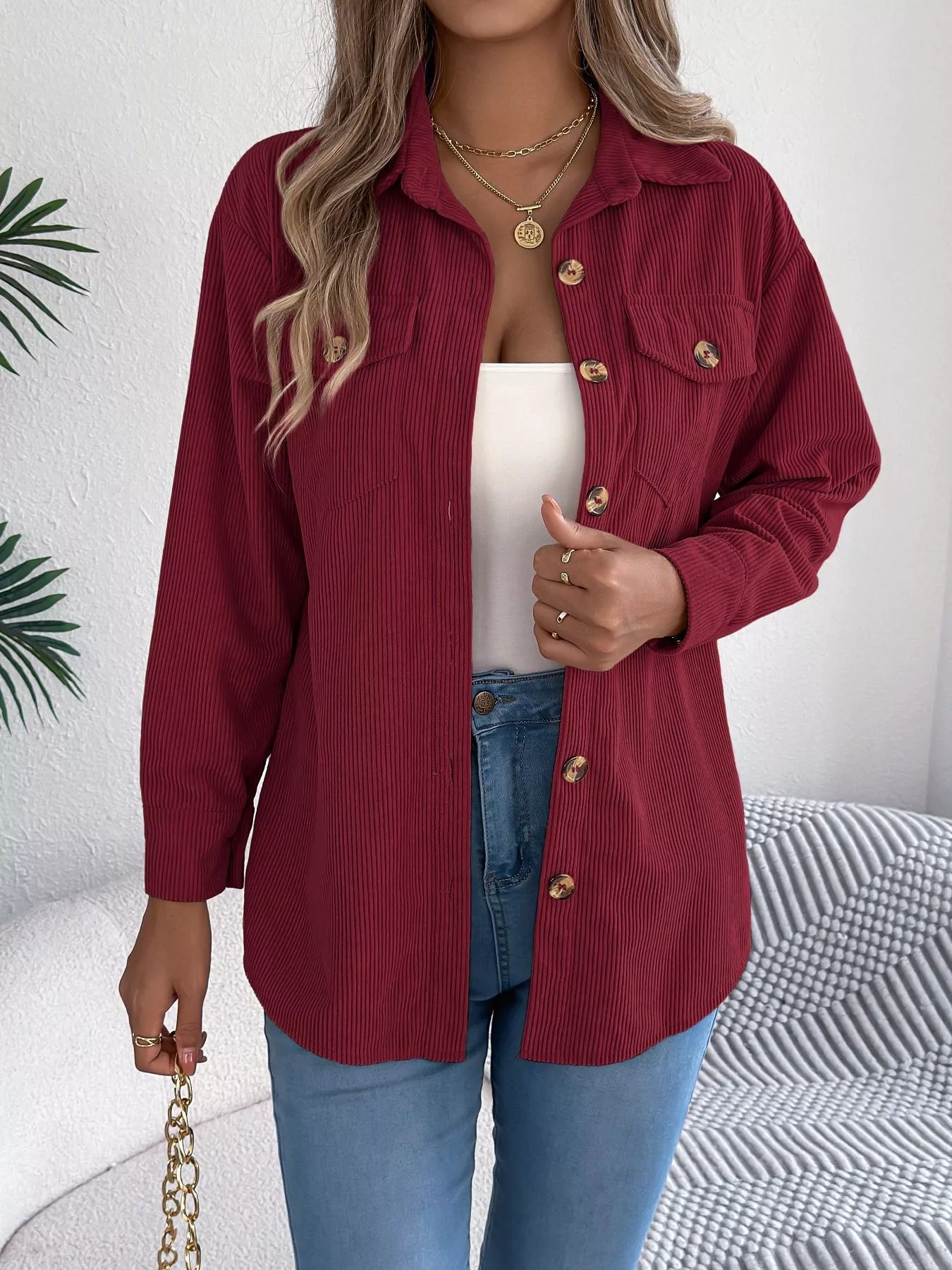 Casual Corduroy Button-Up Shacket - Image 17
