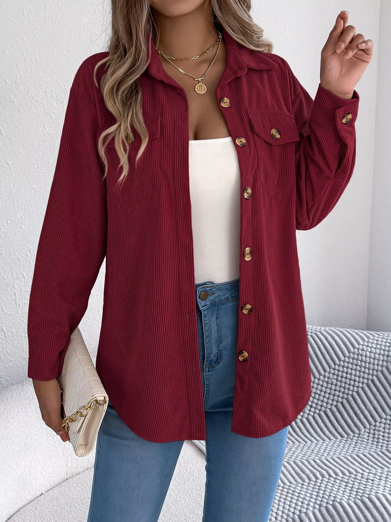 Casual Corduroy Button-Up Shacket - Image 18