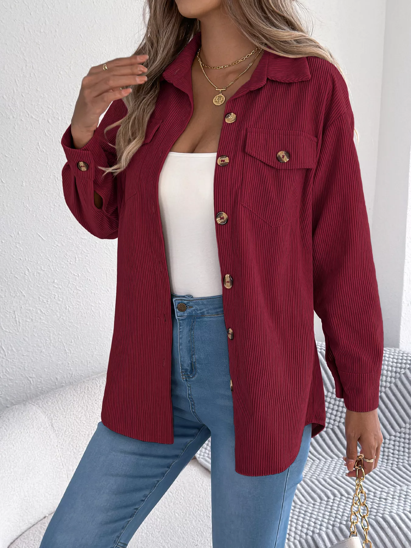 Casual Corduroy Button-Up Shacket - Image 19