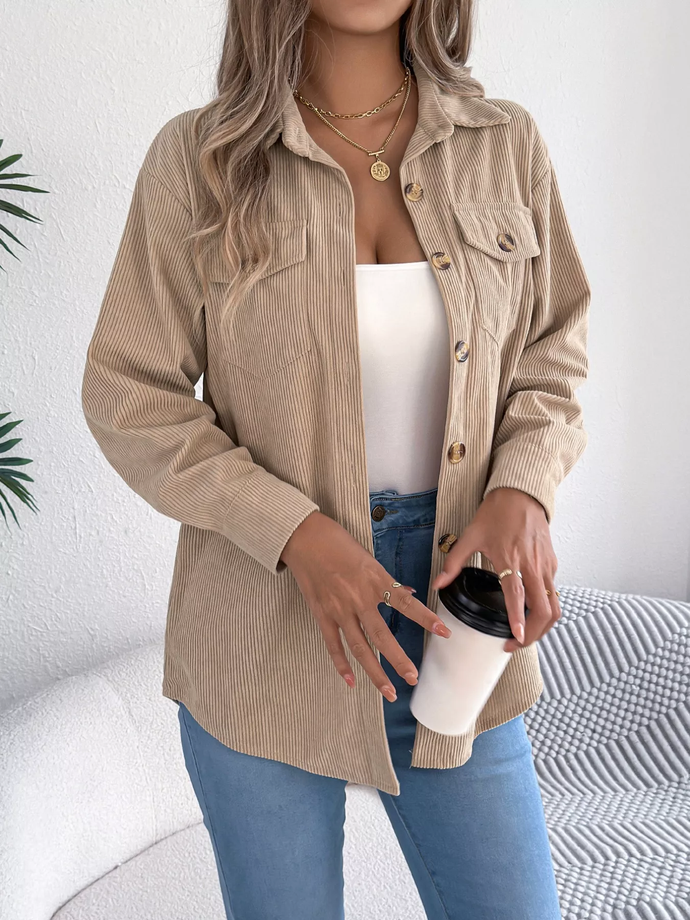 Casual Corduroy Button-Up Shacket - Image 2