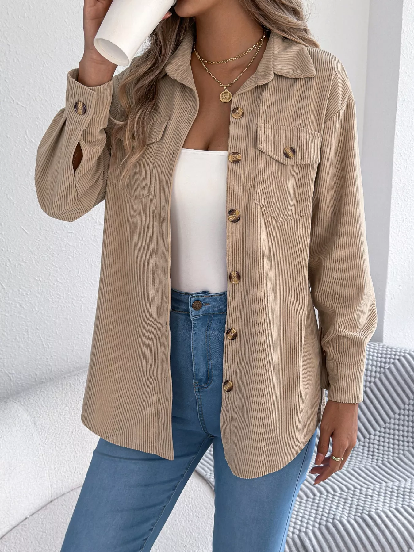 Casual Corduroy Button-Up Shacket - Image 3