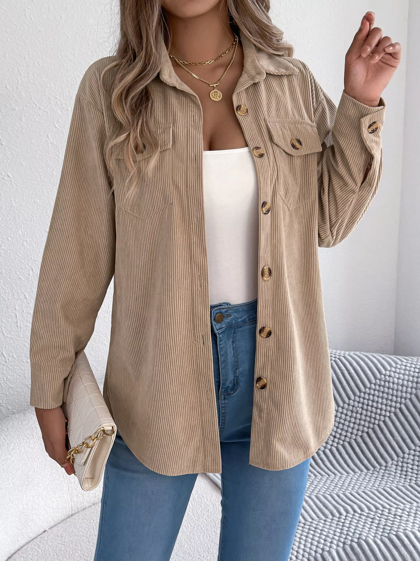 Casual Corduroy Button-Up Shacket - Image 4