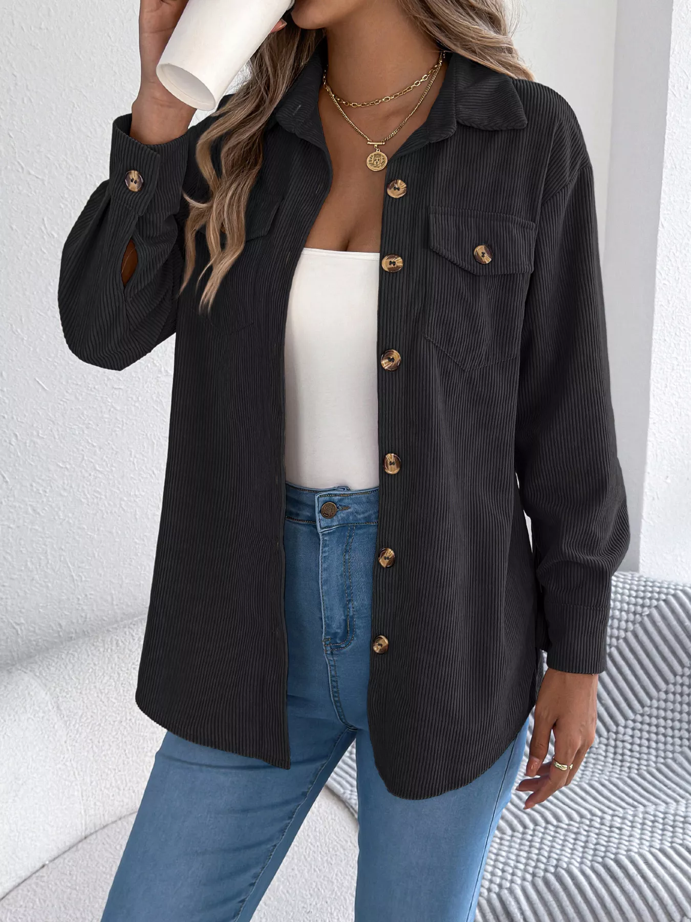 Casual Corduroy Button-Up Shacket - Image 6