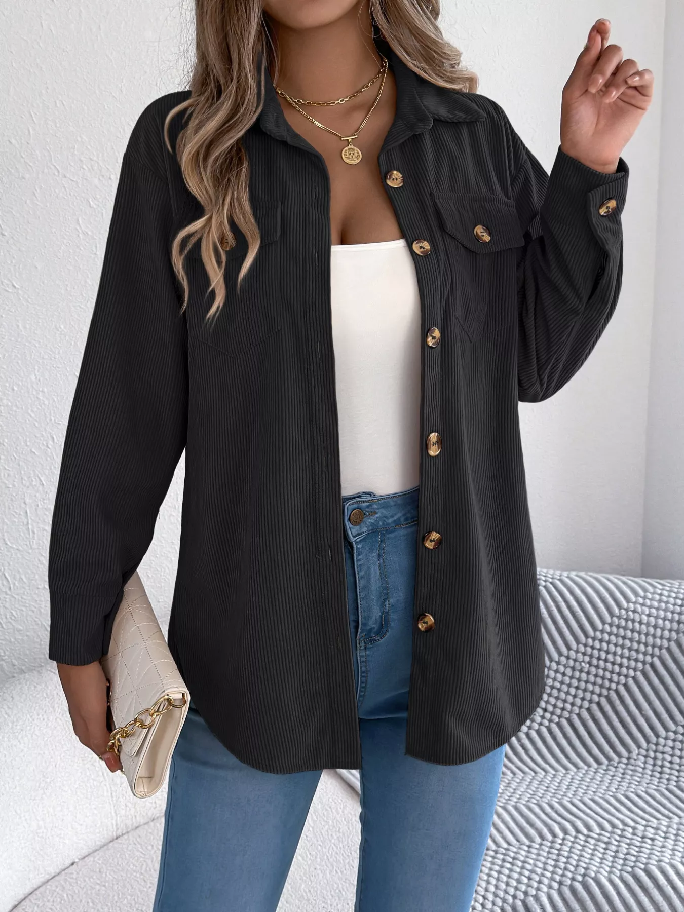 Casual Corduroy Button-Up Shacket - Image 7