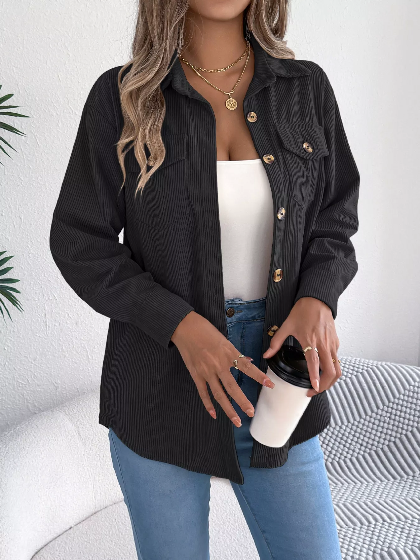 Casual Corduroy Button-Up Shacket - Image 8