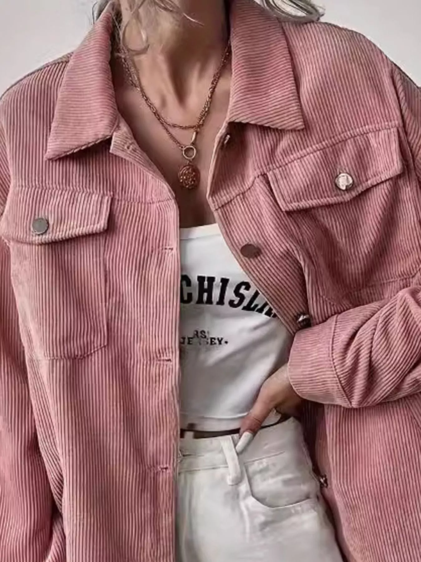 Casual Corduroy Button-Up Shacket - Image 3