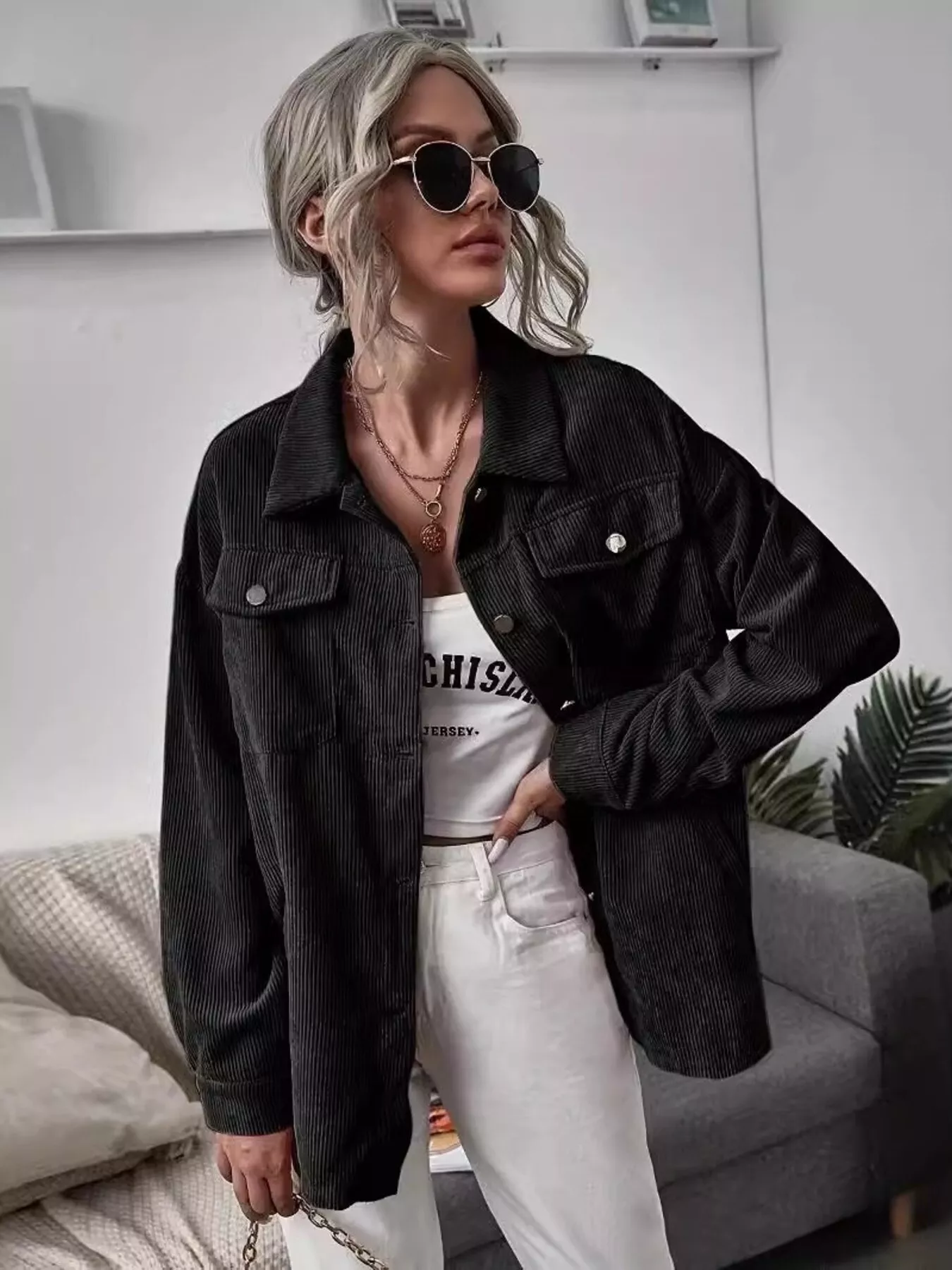 Casual Corduroy Button-Up Shacket - Image 4