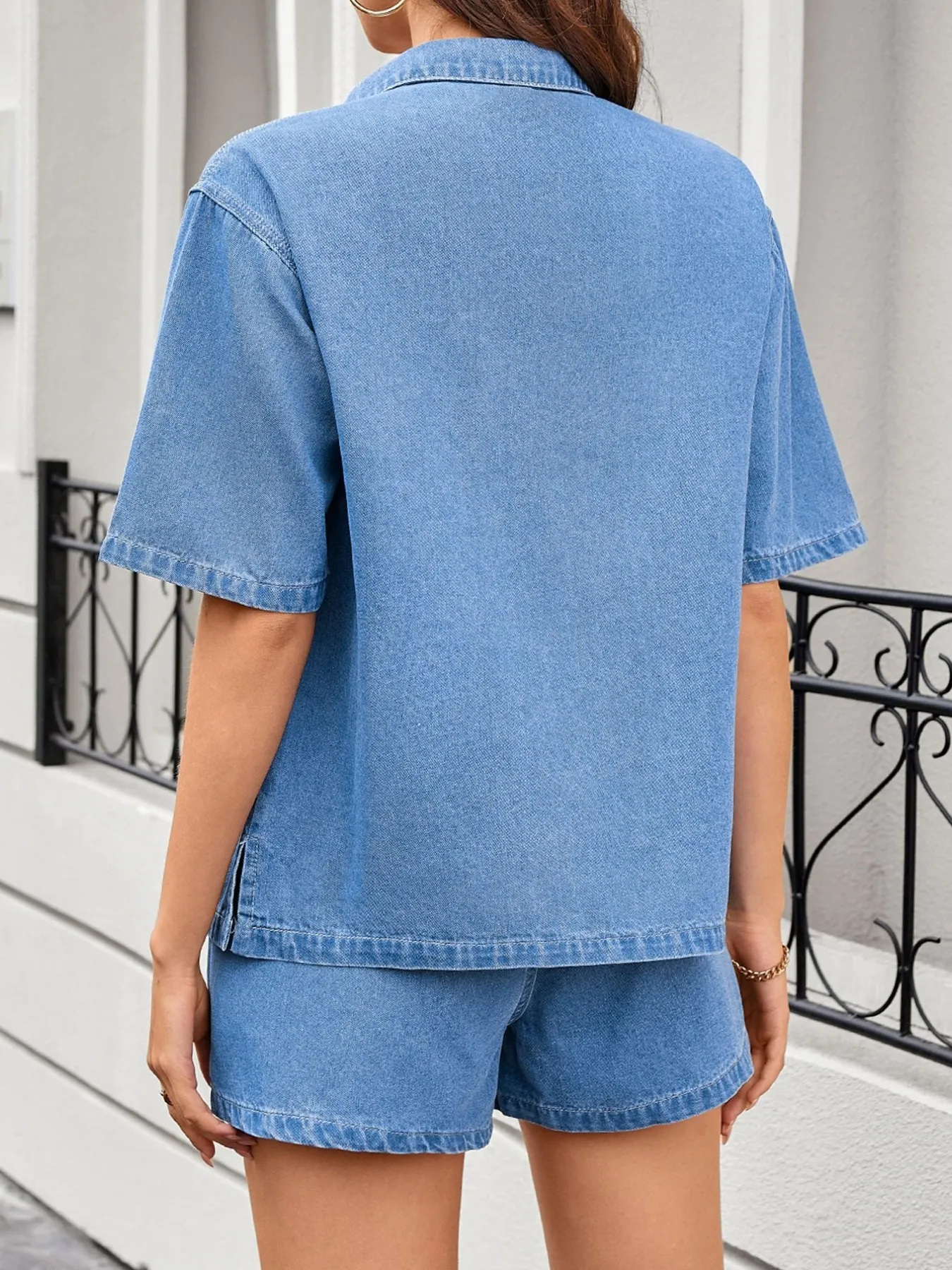Casual Drop Shoulder Denim Shirt & Shorts Set - Image 2