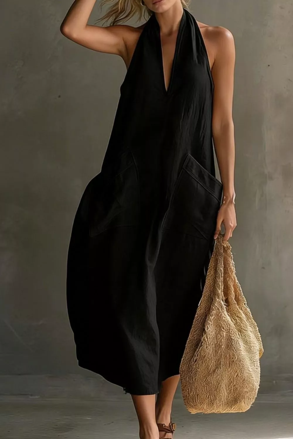 Casual Halter Neck Pocket Midi Dress - Image 15