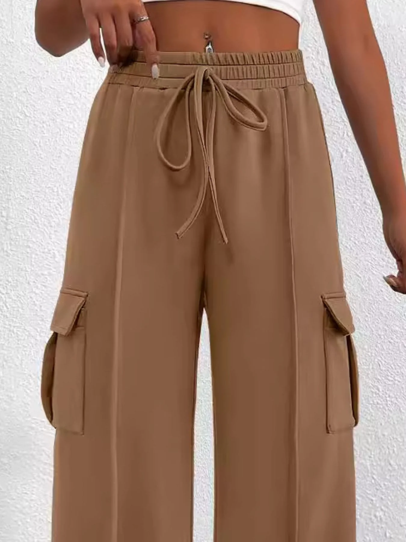 Casual High Waist Cargo Pants with Drawstring - Image 9