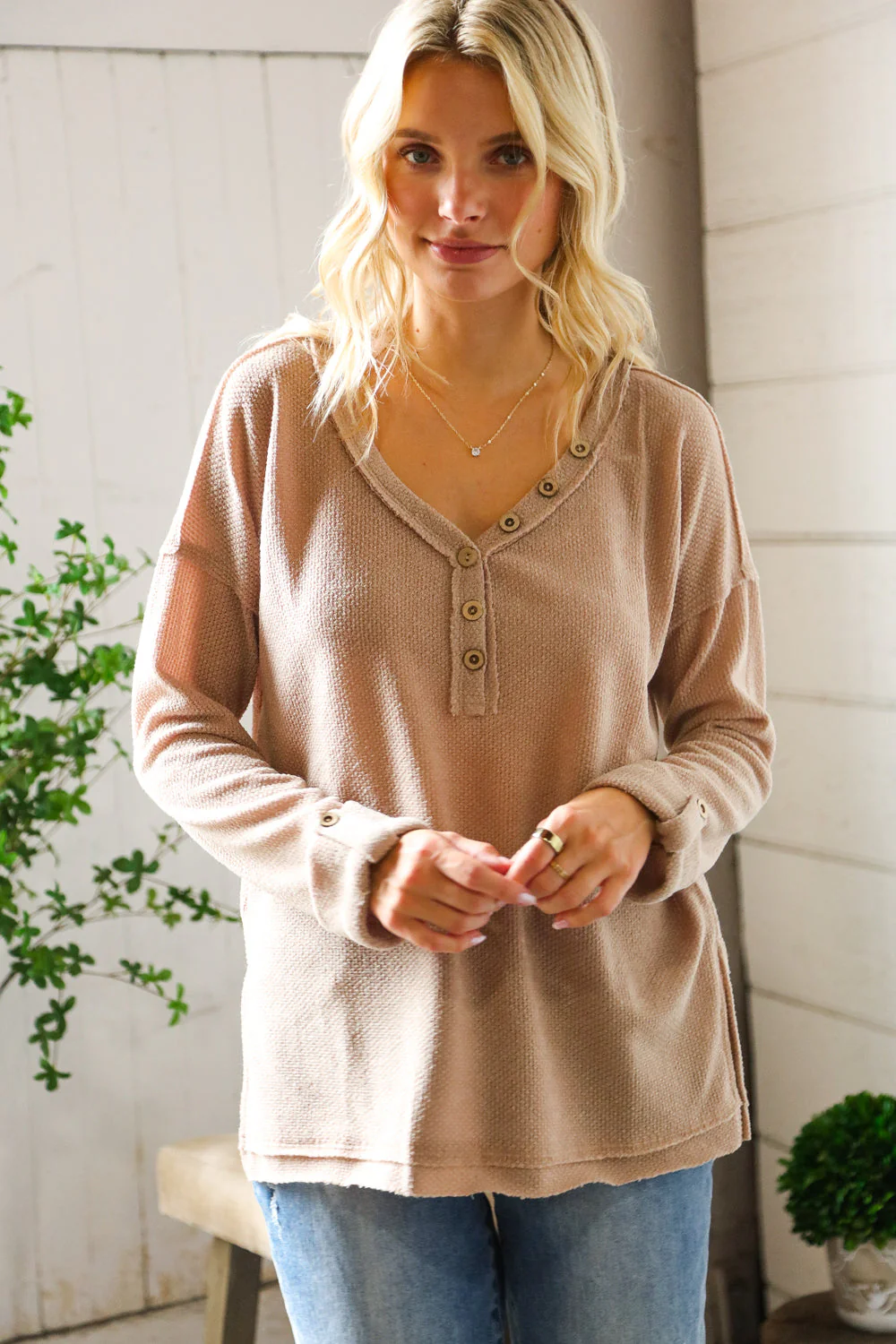 Casual Living Brown Henley Cuff Sleeve Side Slit Pullover - Image 3