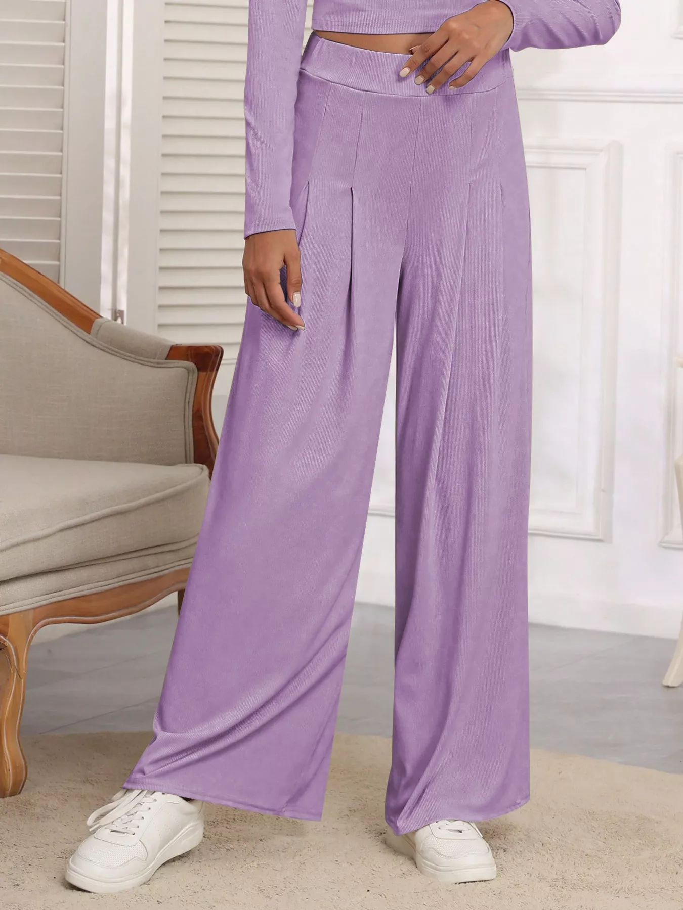 Casual Long Sleeve Crop Top and Wide Leg Pants Set - Image 2
