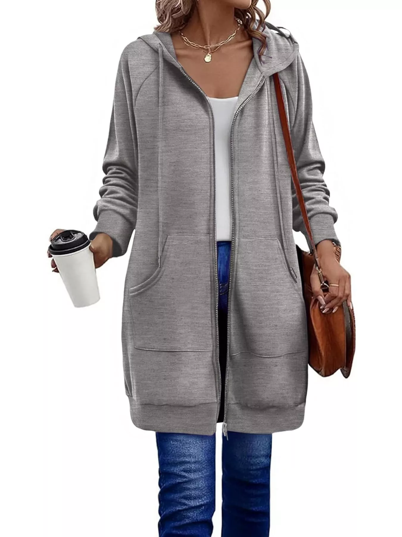 Casual Longline Zip-Up Hooded Outerwear - Image 4