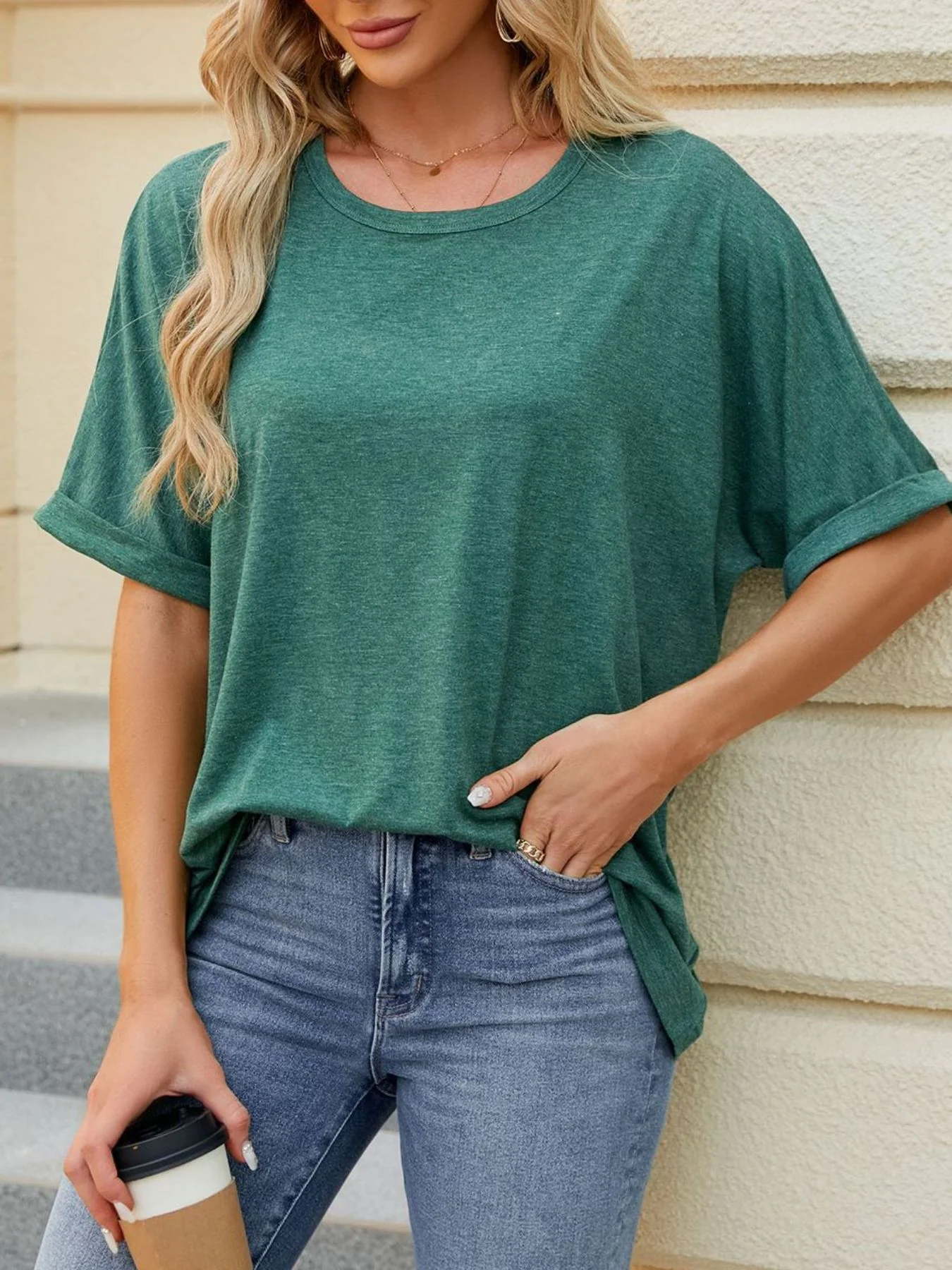 Casual Loose Fit Rolled Sleeve T-Shirt - Image 7