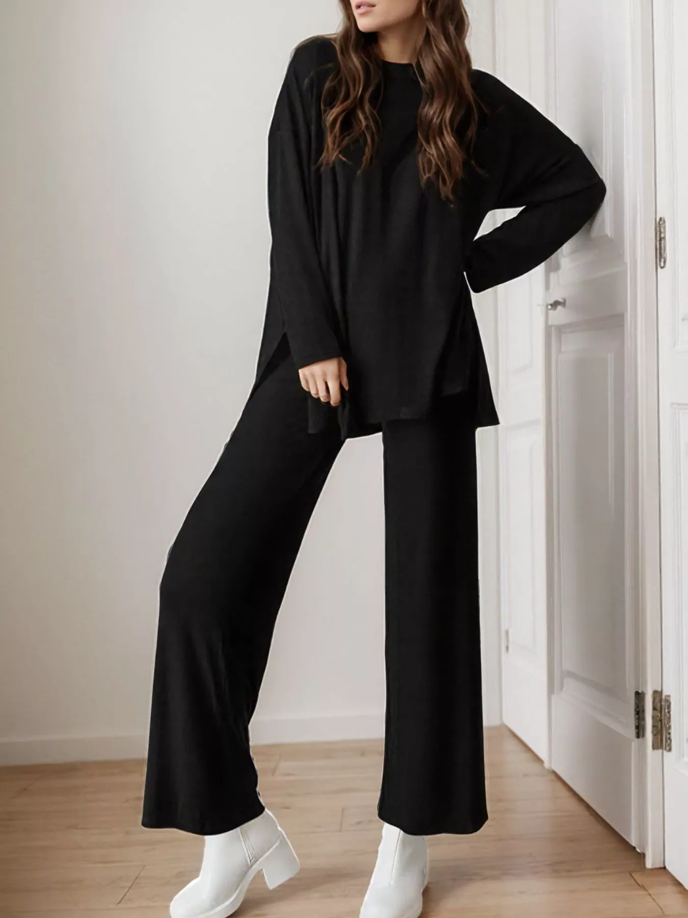 Casual Loose Long Sleeve Top and Wide Leg Pants Set - Image 26