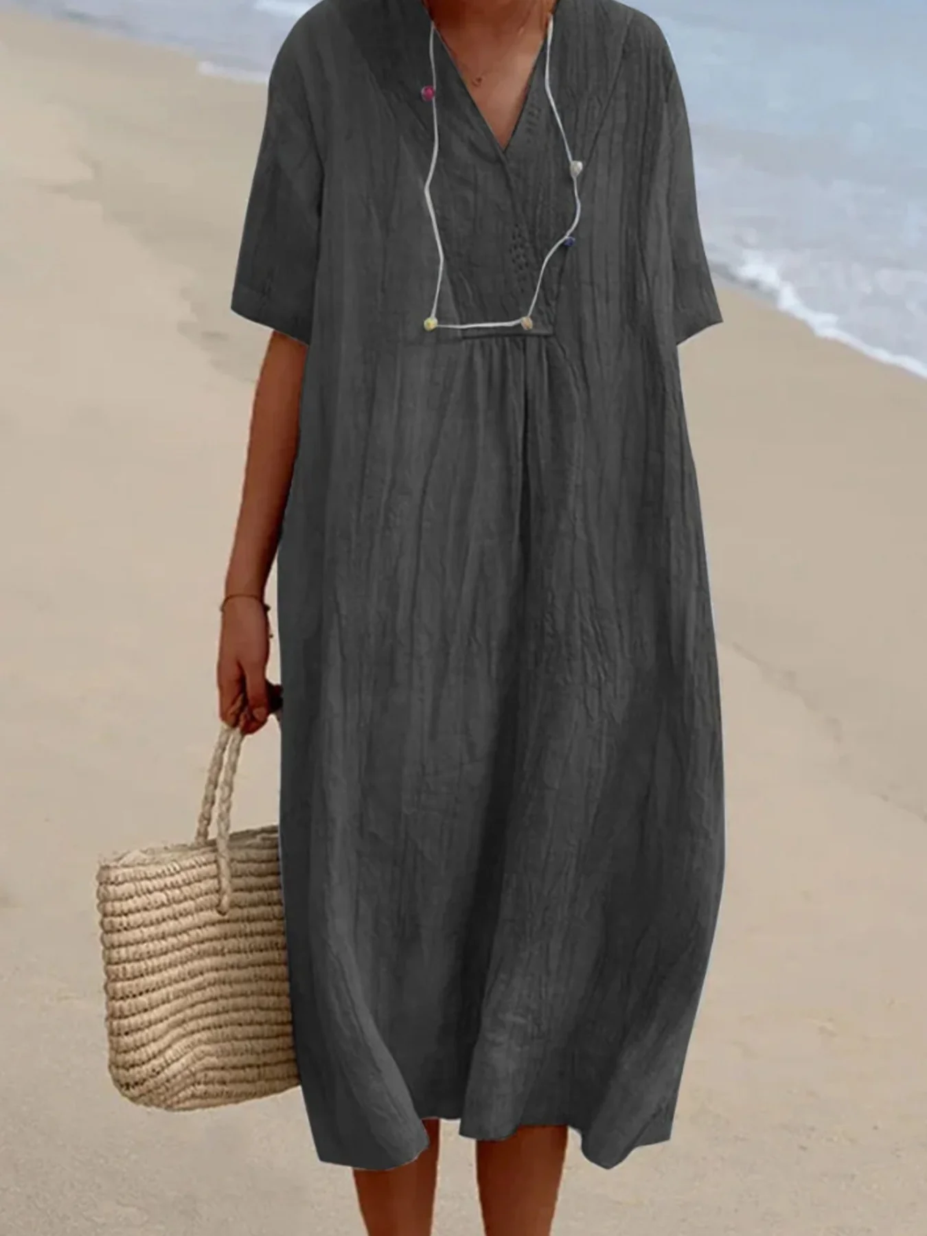 Casual Loose Short Sleeve Midi Dress - Image 7