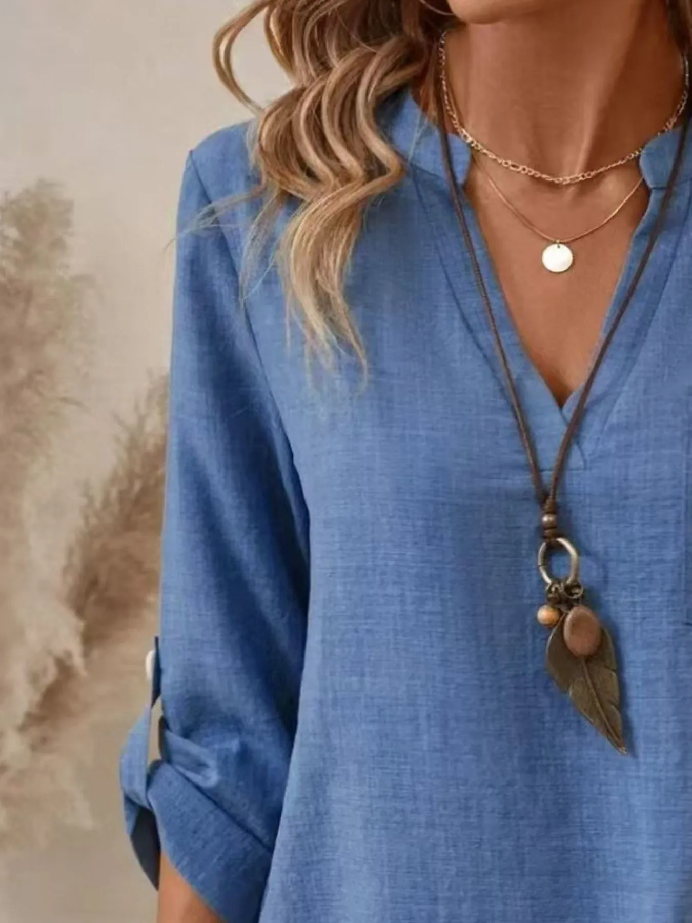 Casual Notched Roll-Up Sleeve Pocket Blouse - Image 2