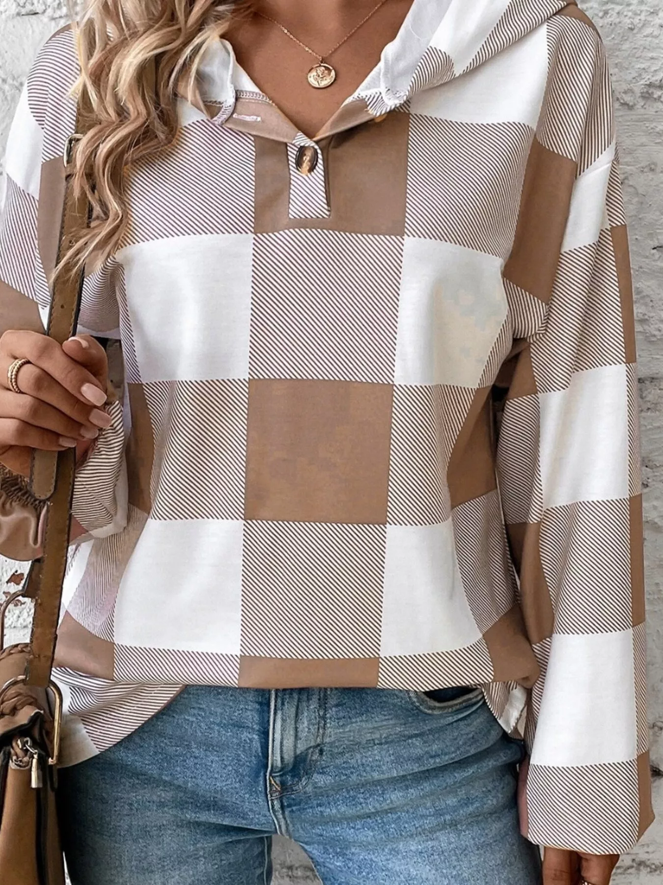 Casual Plaid Button Detail Hoodie - Image 6