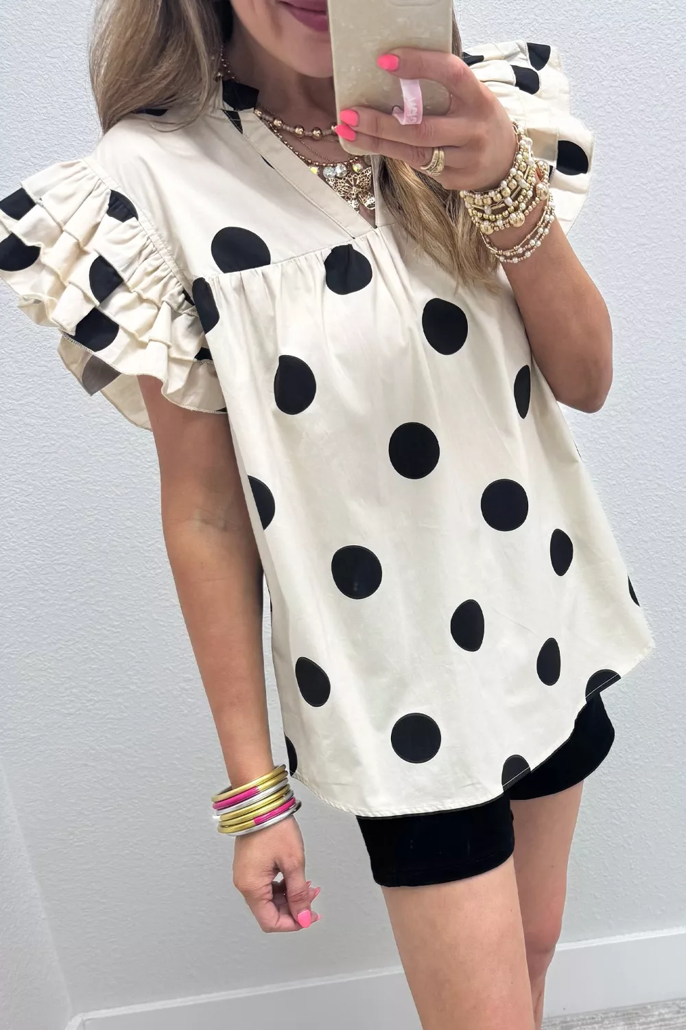 Casual Polka Dot V-Neck Ruffle Short Sleeve Blouse - Image 4