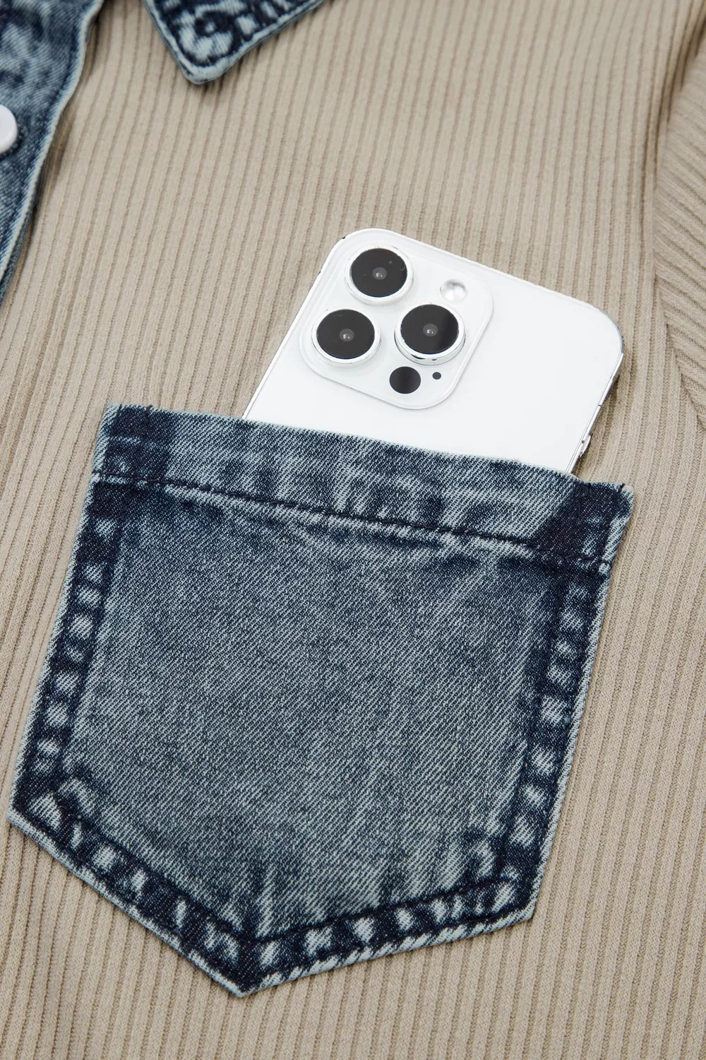 Casual Ribbed Knit Denim Trim Mini Dress - Image 9