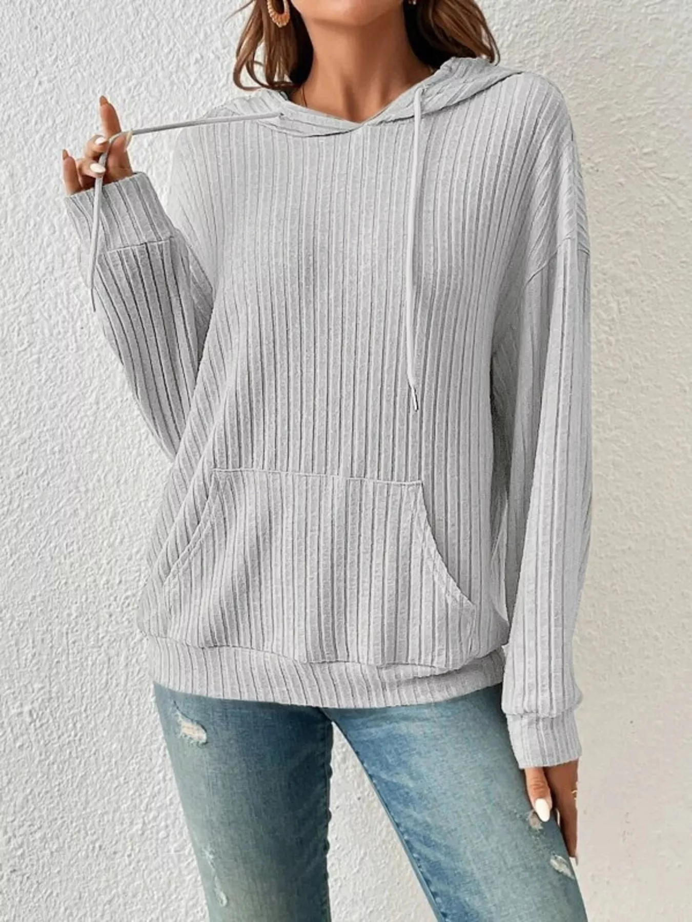 Casual Ribbed Knit Drawstring Hoodie - Image 11