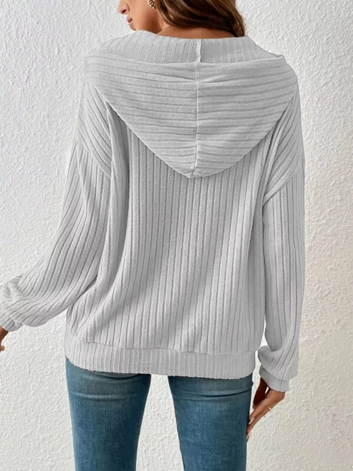 Casual Ribbed Knit Drawstring Hoodie - Image 12