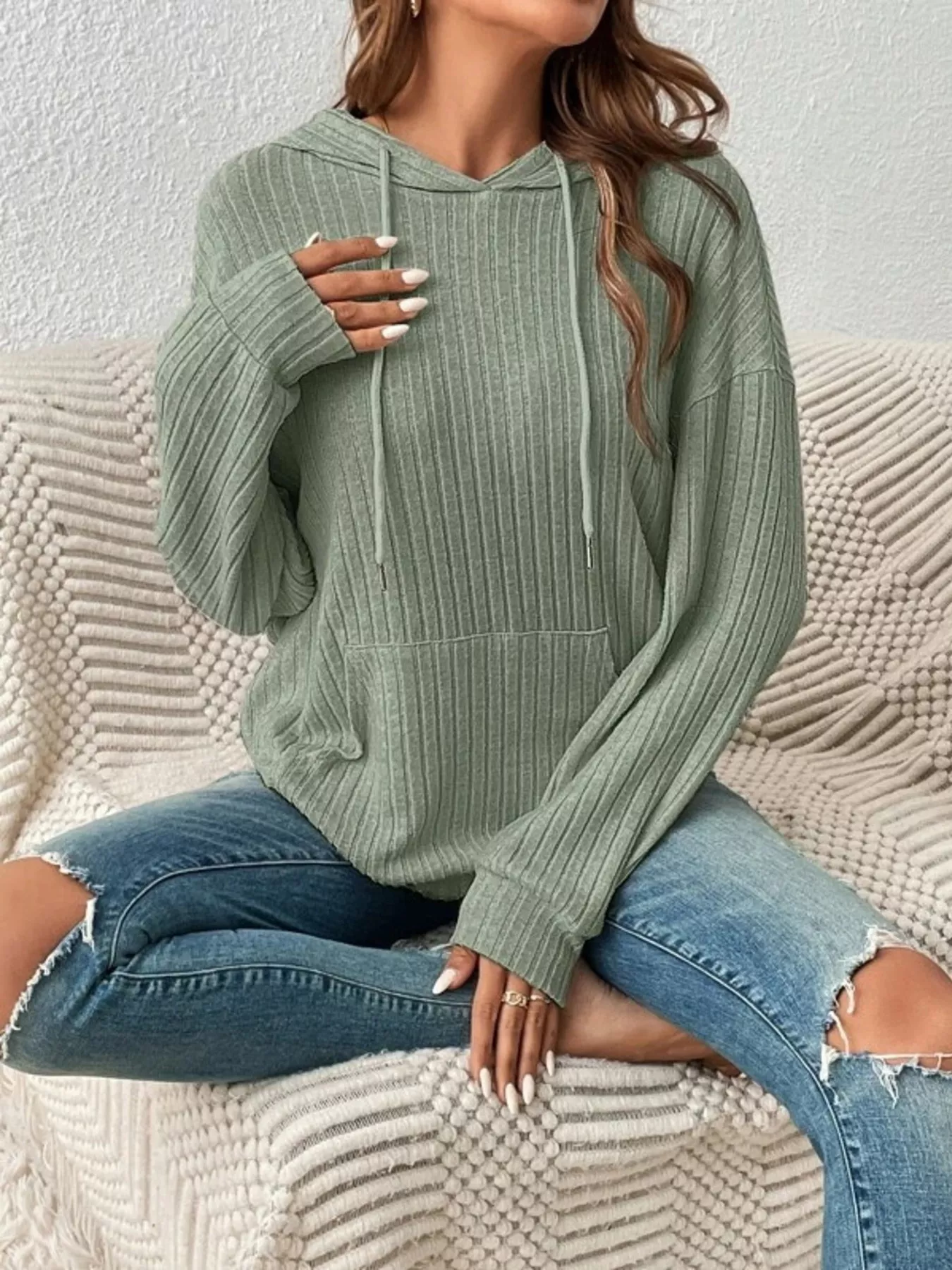 Casual Ribbed Knit Drawstring Hoodie - Image 16