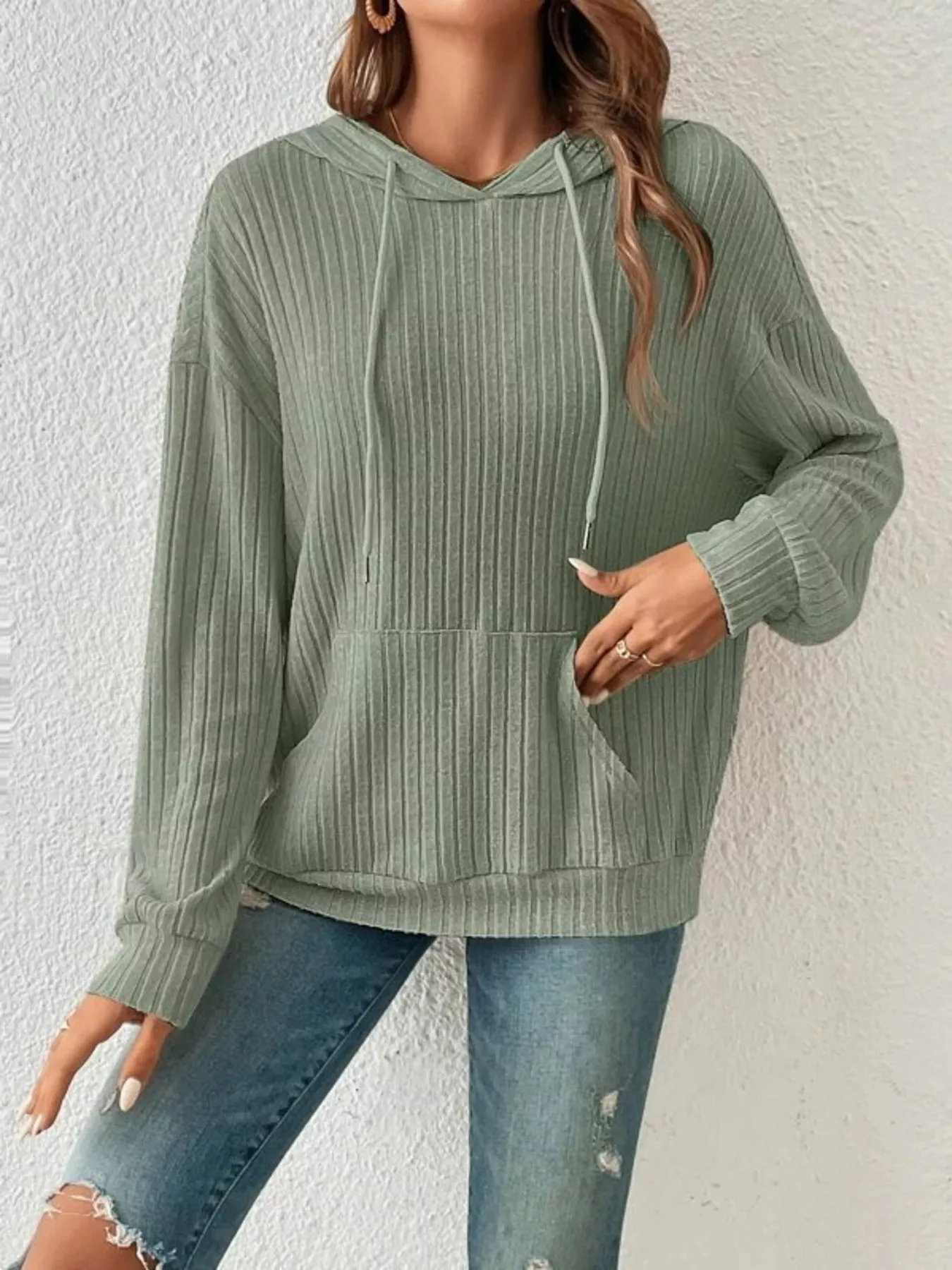 Casual Ribbed Knit Drawstring Hoodie - Image 17