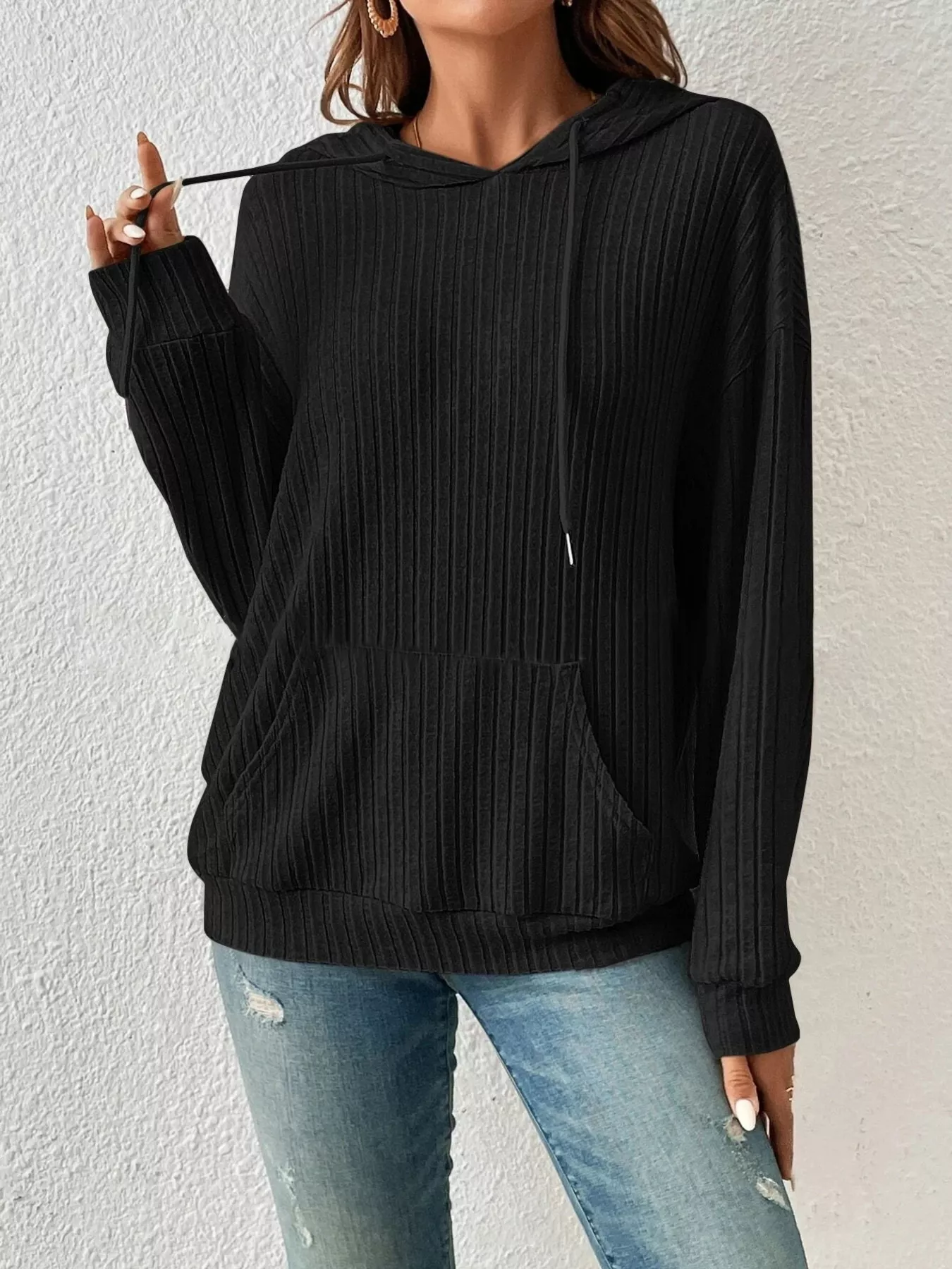 Casual Ribbed Knit Drawstring Hoodie - Image 6