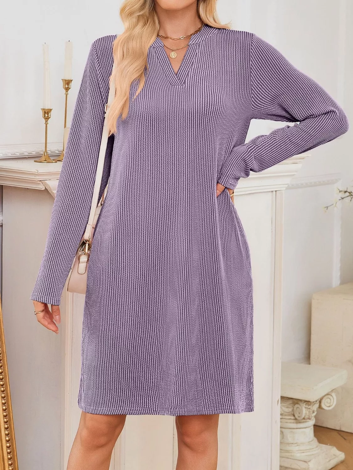 Casual Ribbed Knit Long Sleeve Dress - Image 24