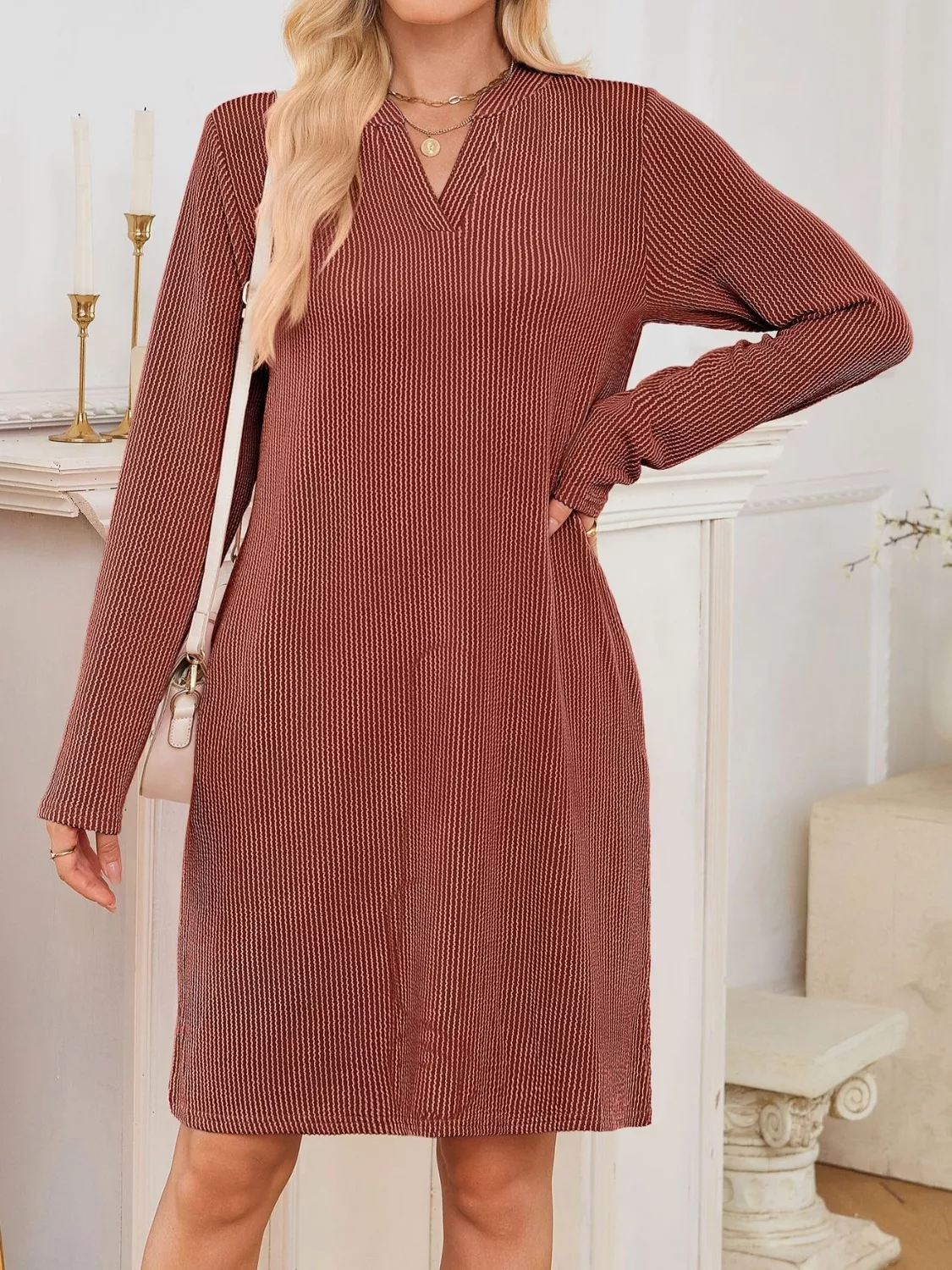Casual Ribbed Knit Long Sleeve Dress - Image 30