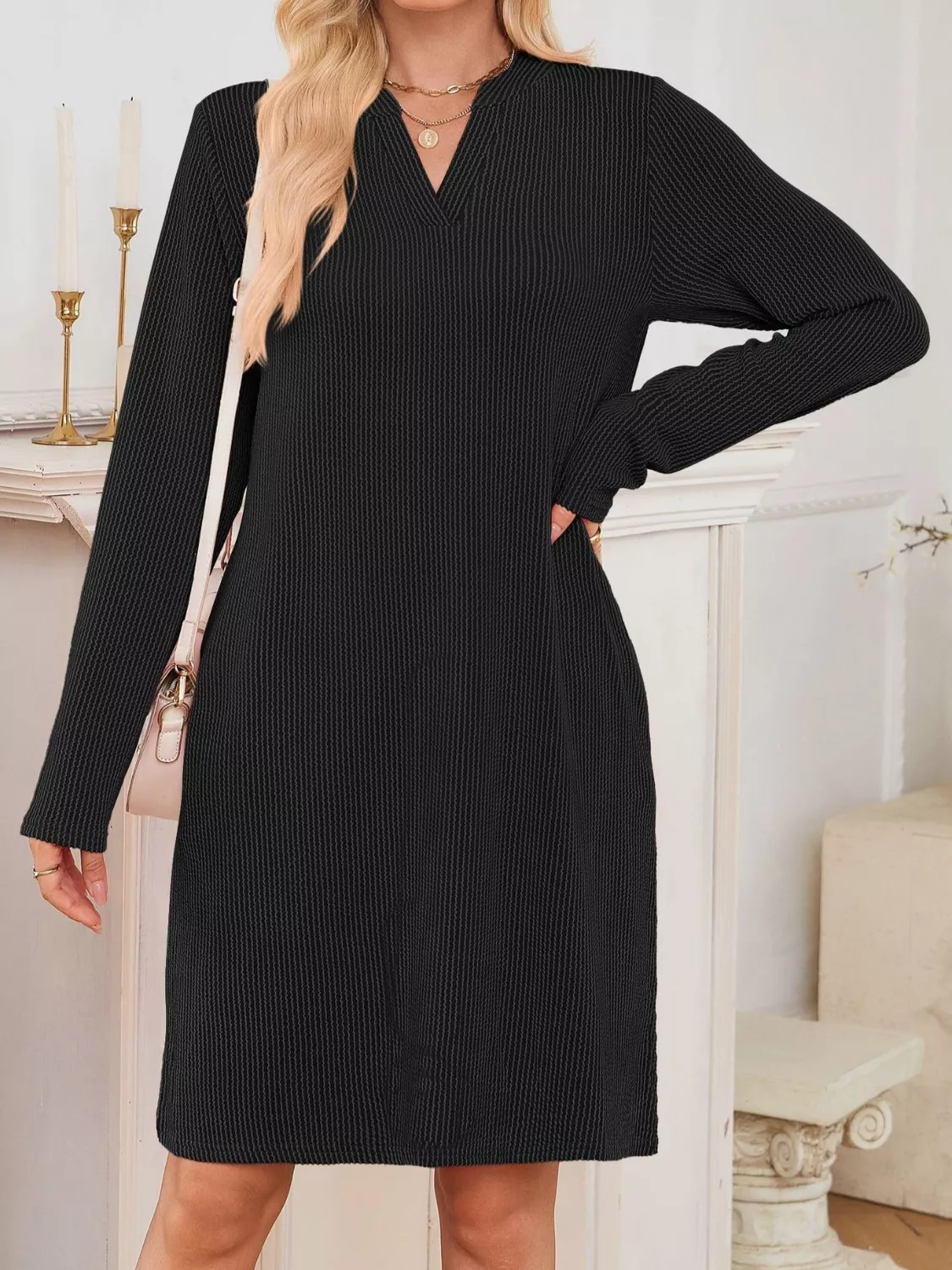 Casual Ribbed Knit Long Sleeve Dress - Image 8