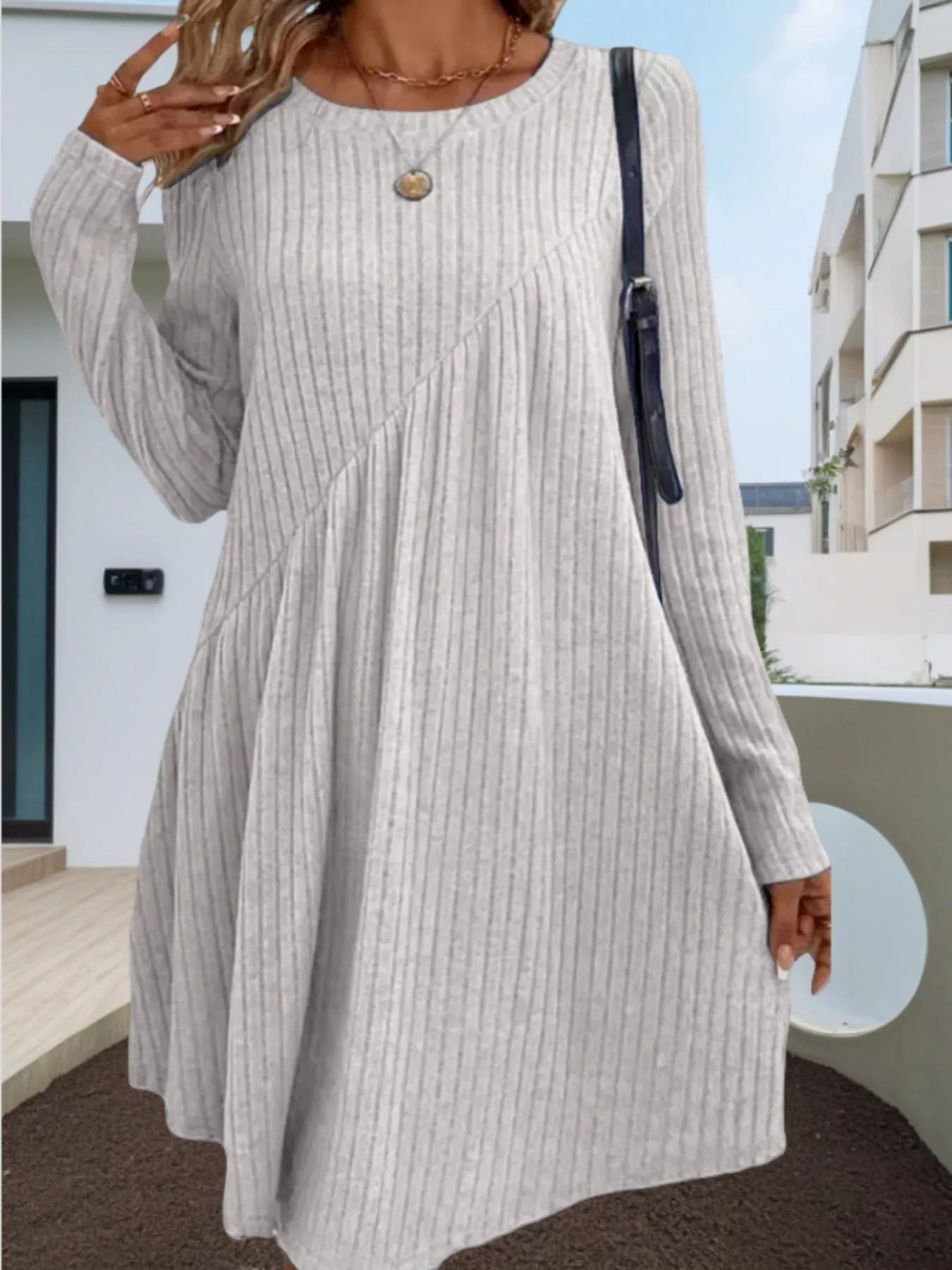 Casual Ribbed Knit Long Sleeve Swing Dress - Image 4